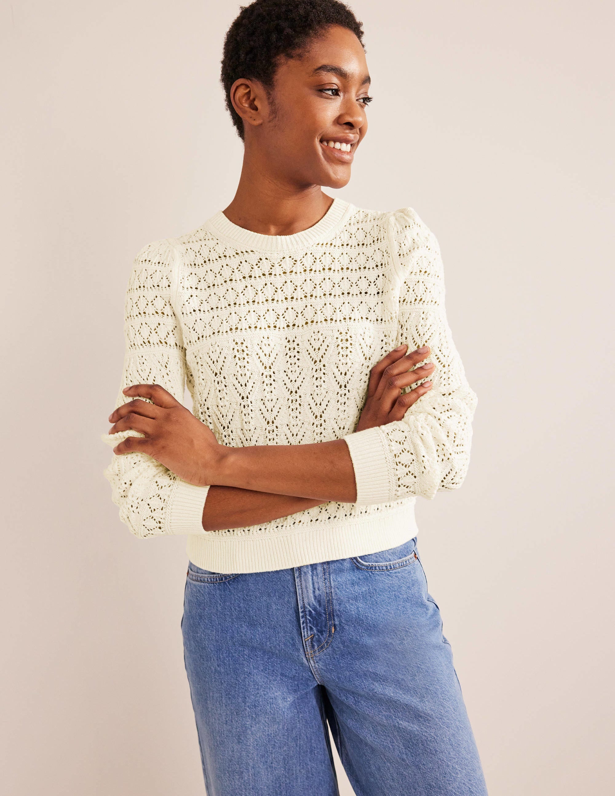 Pointelle Cotton Jumper-Warm Ivory - Image 4