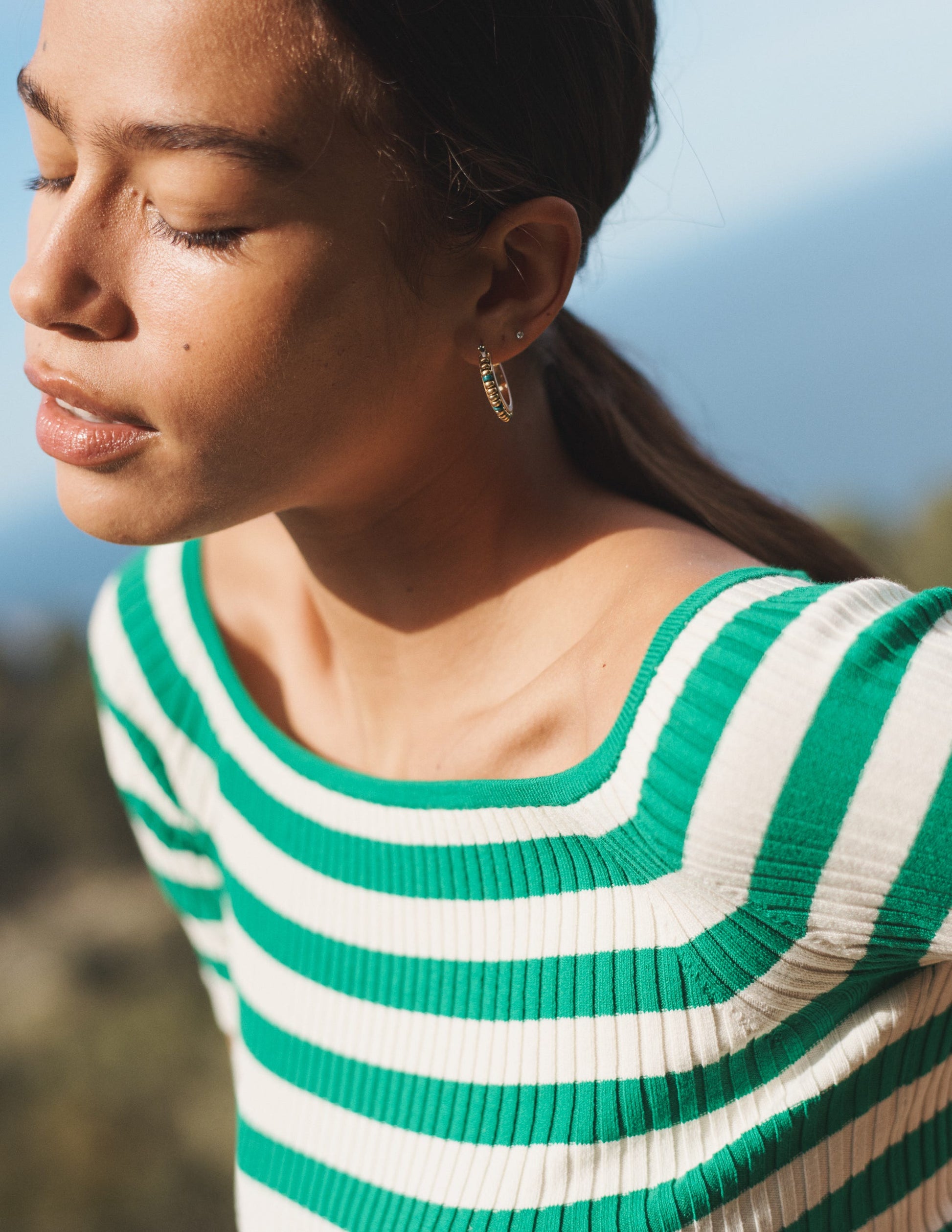 Off-Shoulder Ribbed Top-Rich Emerald, Ivory Stripe-6