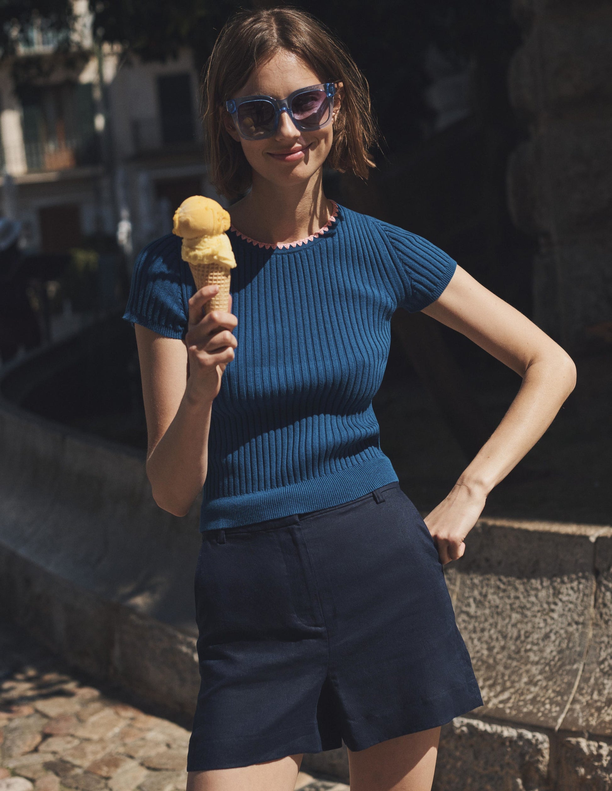 Crochet-Trim Knitted T-Shirt-Sapphire-5