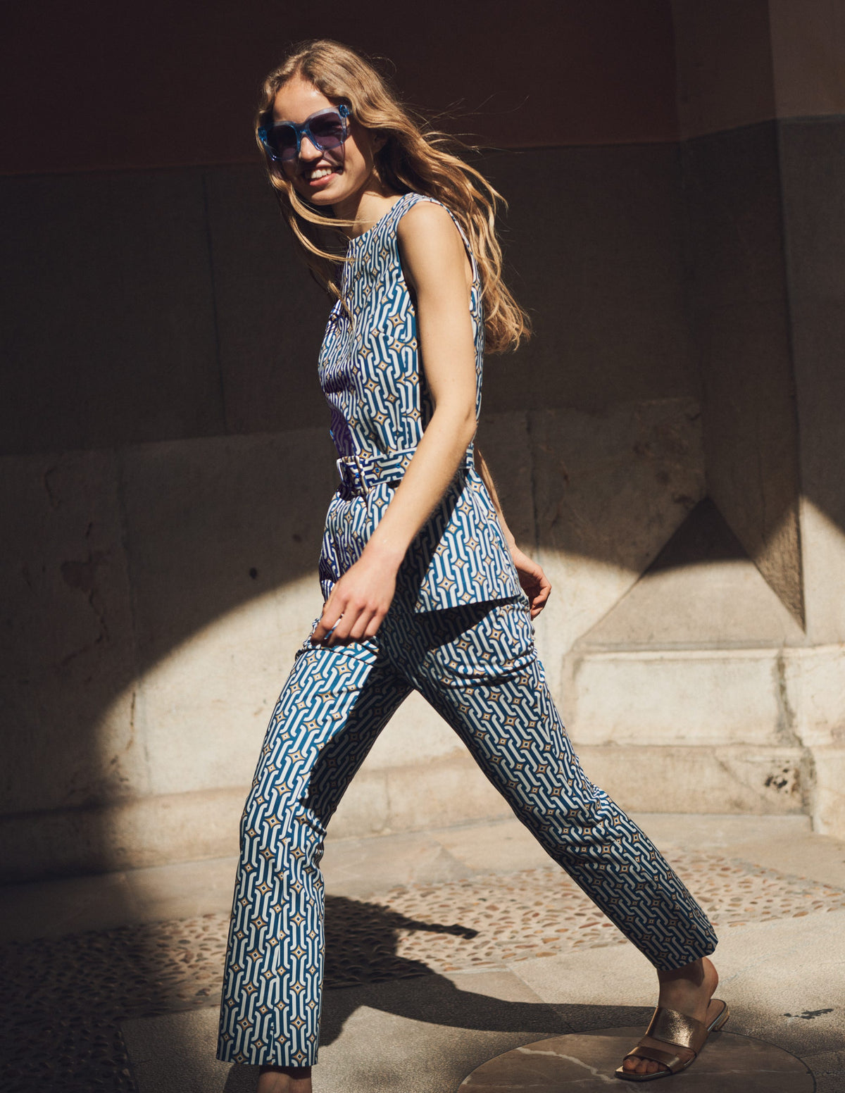 Cropped Flared Trousers-Sapphire, Azure Geo - Image 8