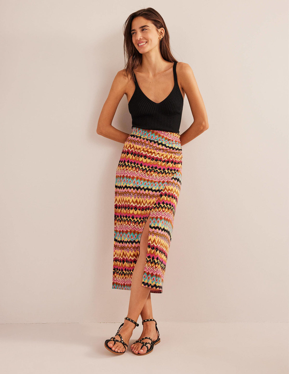 Side Split Jersey Midi Skirt-Multi, Textured Ikat - Image 1