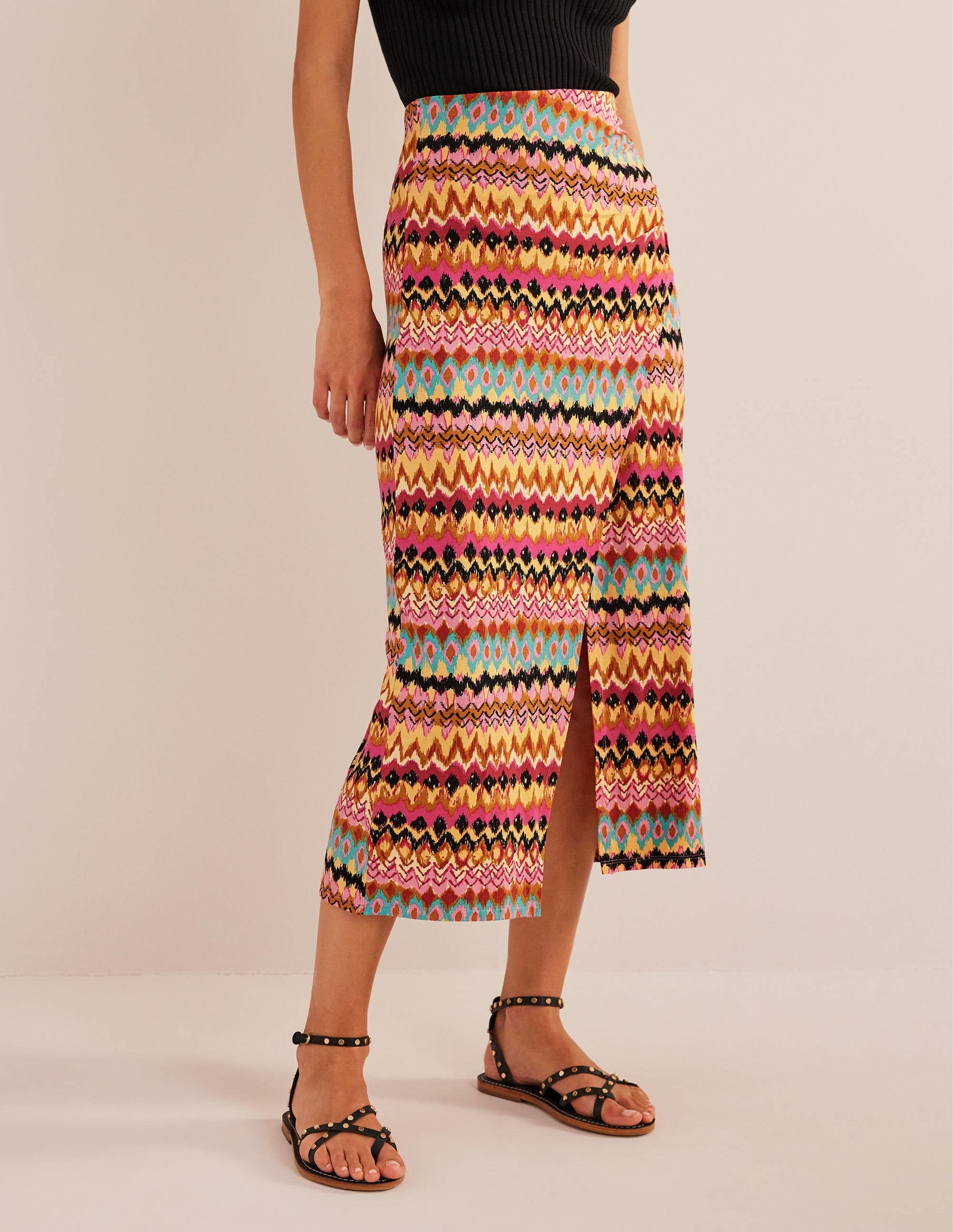 Side Split Jersey Midi Skirt-Multi, Textured Ikat - Image 4