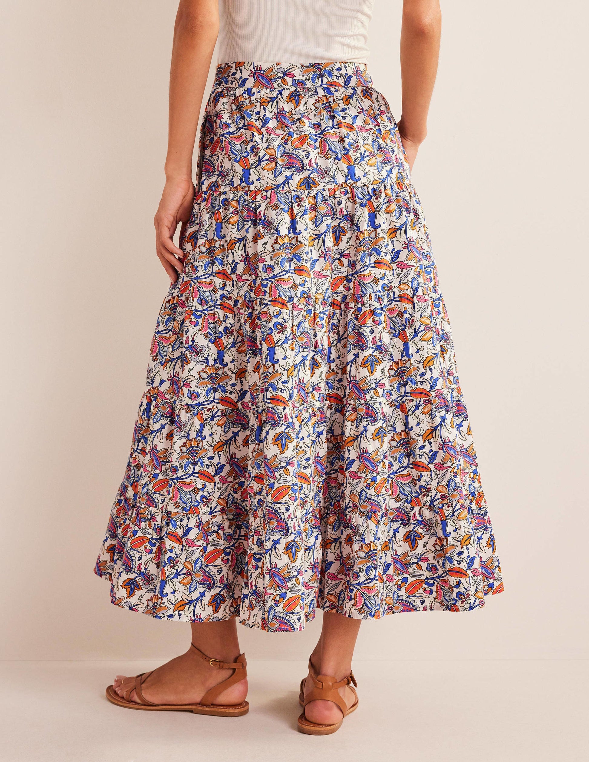 Tiered Poplin Midi Skirt-Nebulas Blue, Paisley Vine-3
