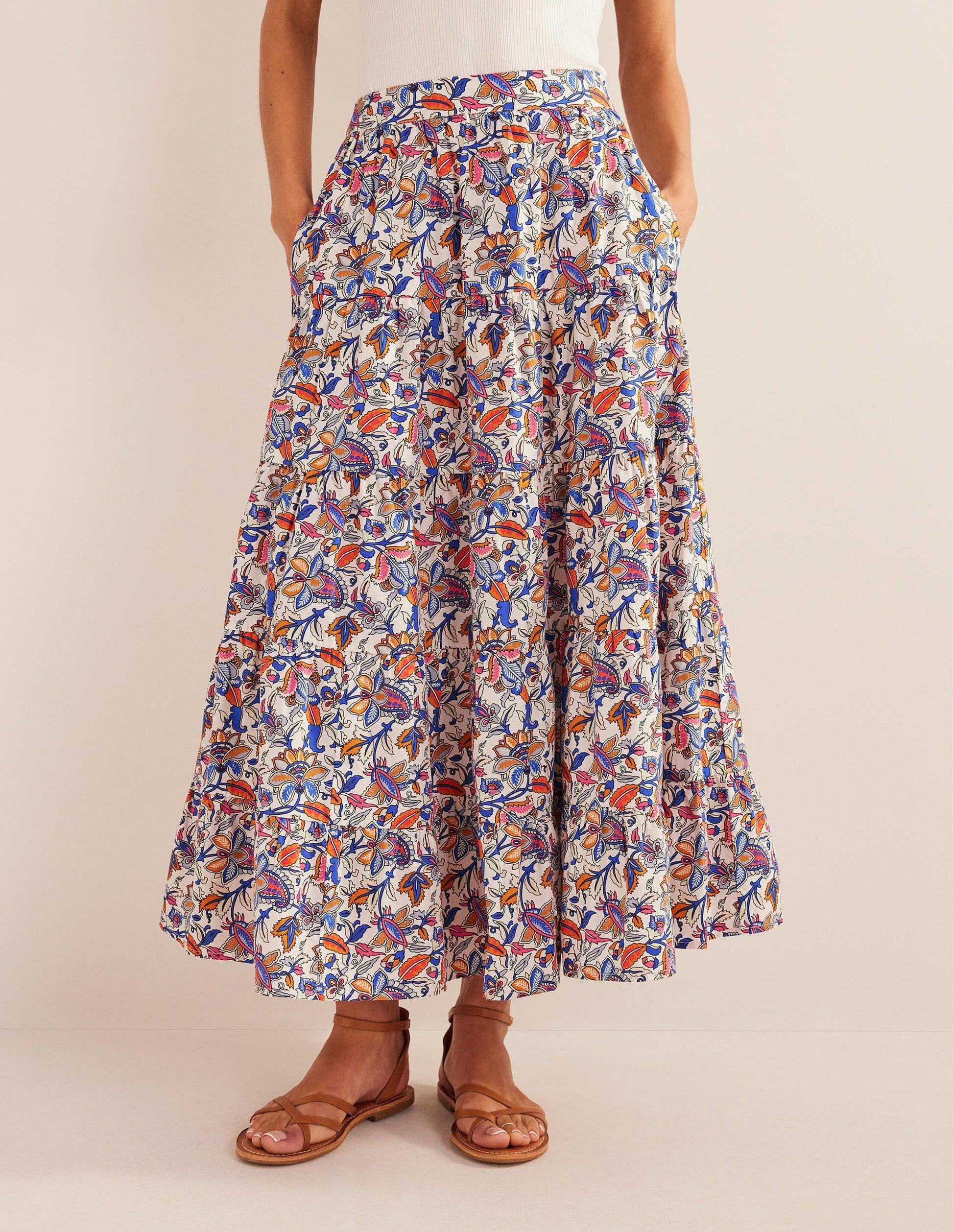 Tiered Poplin Midi Skirt-Nebulas Blue, Paisley Vine-4