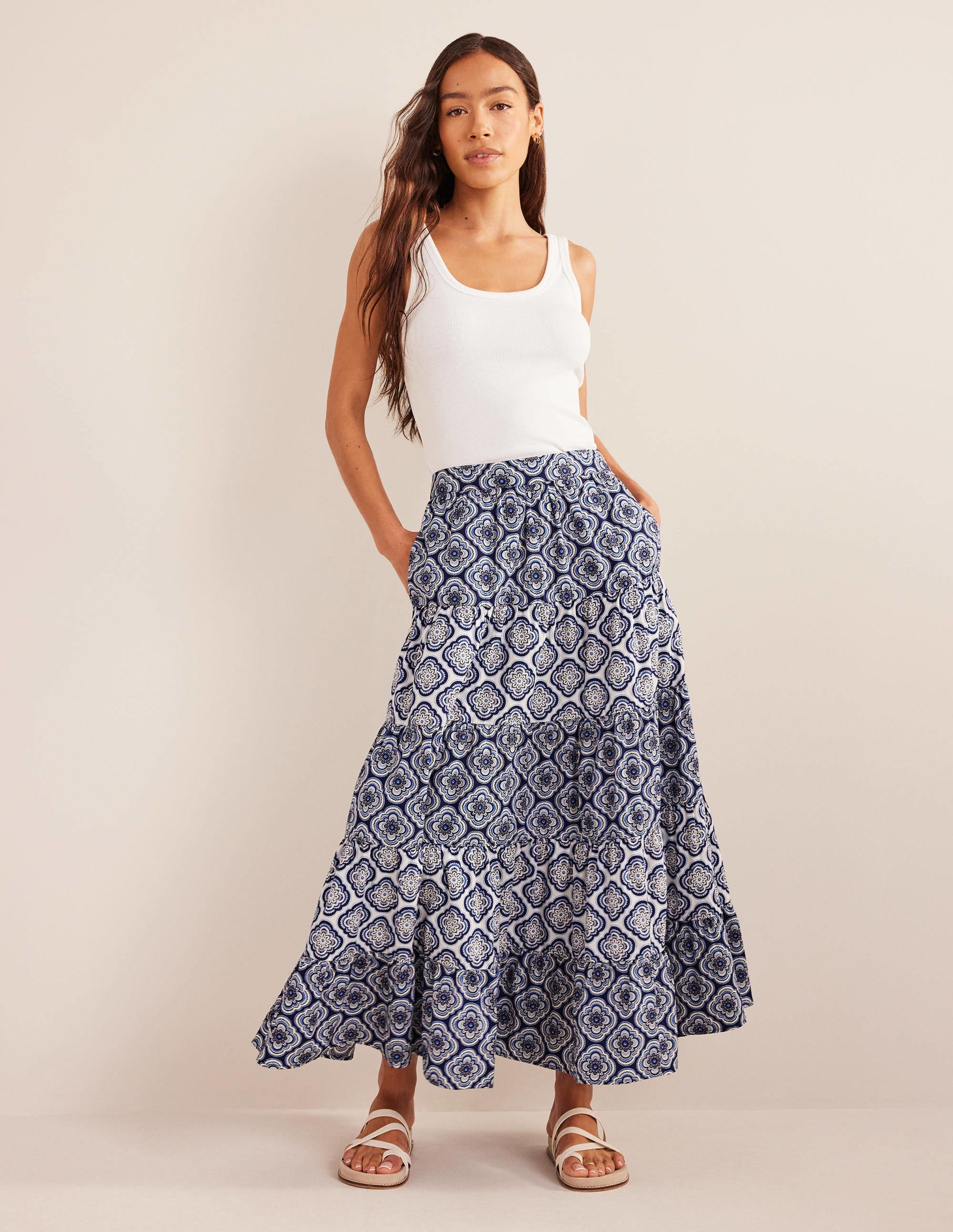 Tiered Poplin Midi Skirt-Heavenly Blue, Botanic Blush - Image 1