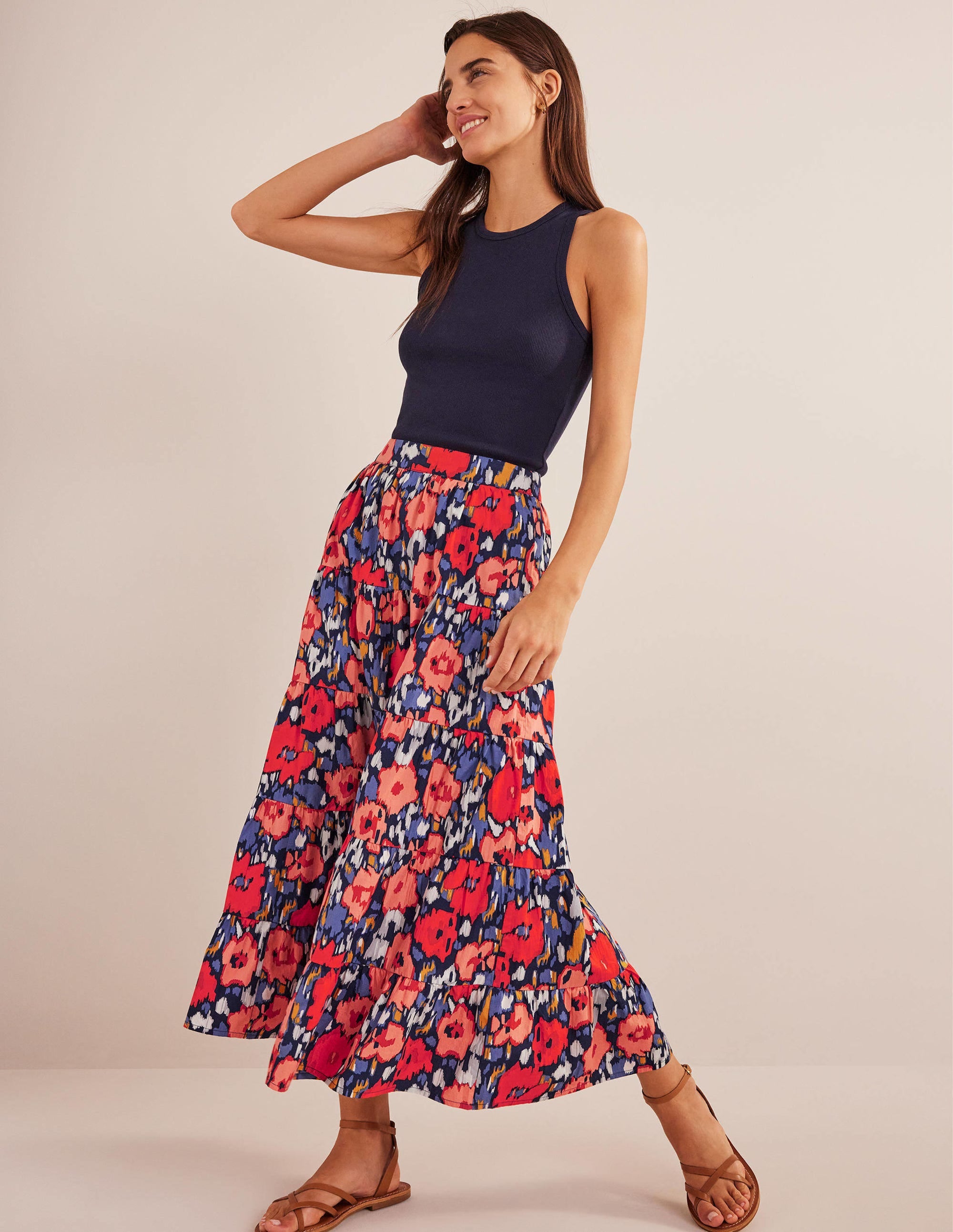Tiered Poplin Midi Skirt-Navy, Abstract Poppy Large - Image 1