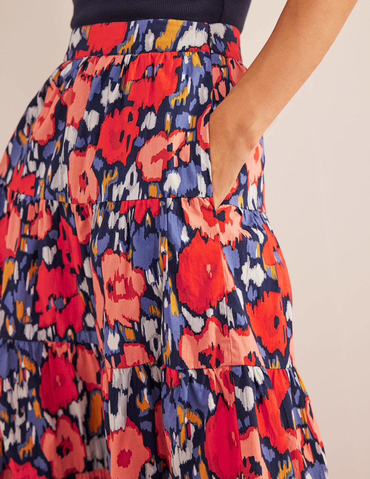 Tiered Poplin Midi Skirt-Navy, Abstract Poppy Large-2