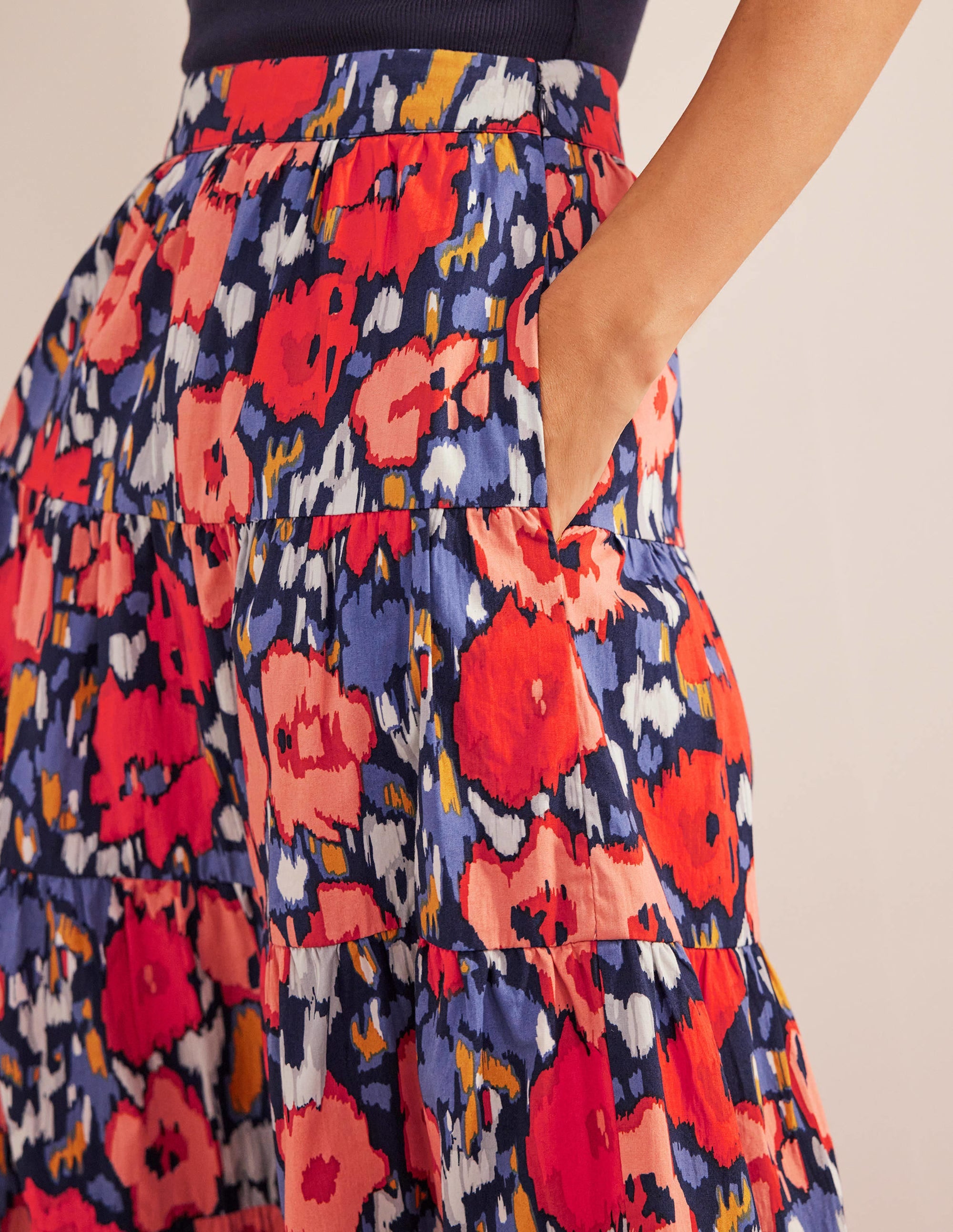 Tiered Poplin Midi Skirt-Navy, Abstract Poppy Large - Image 2