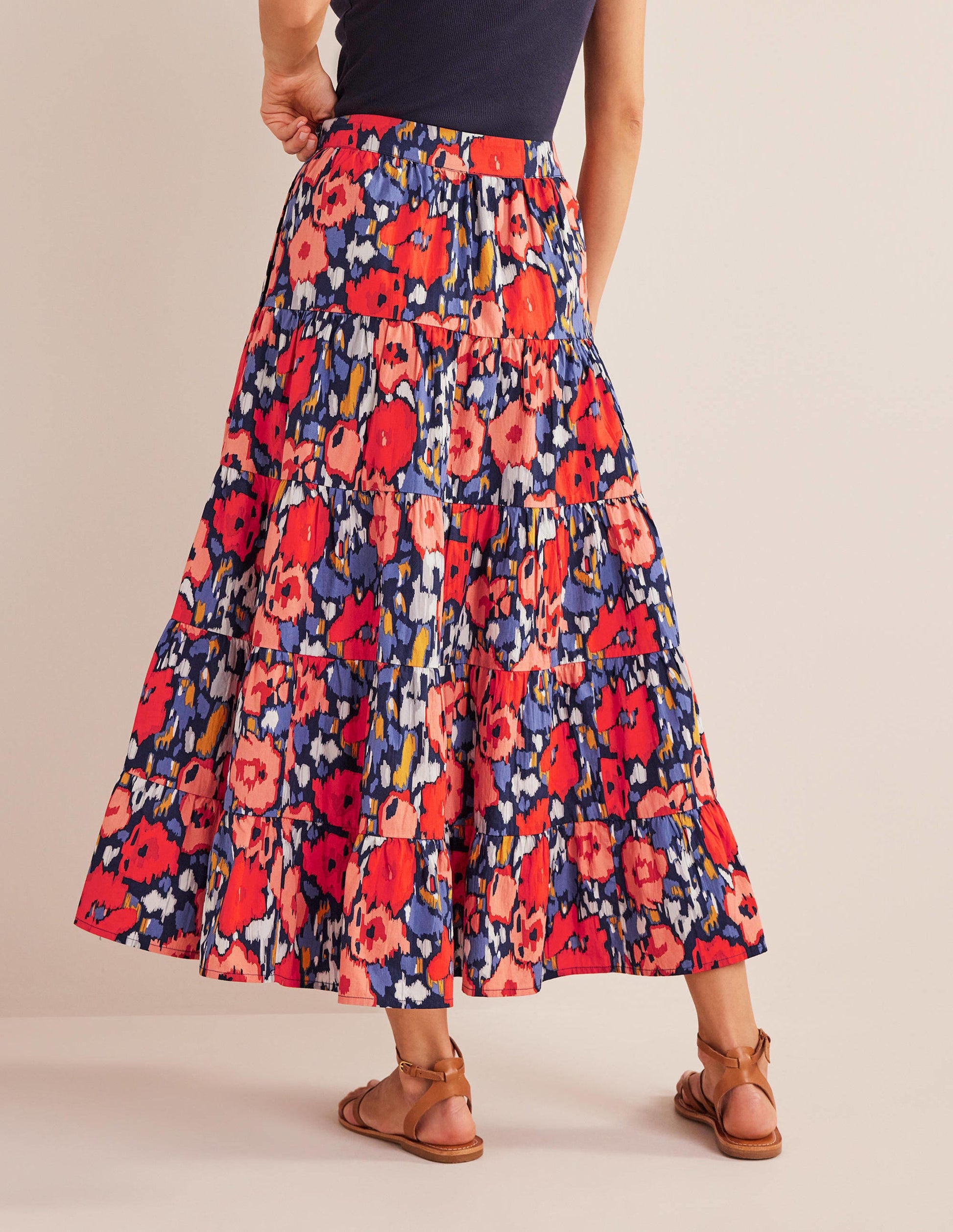 Tiered Poplin Midi Skirt-Navy, Abstract Poppy Large-3