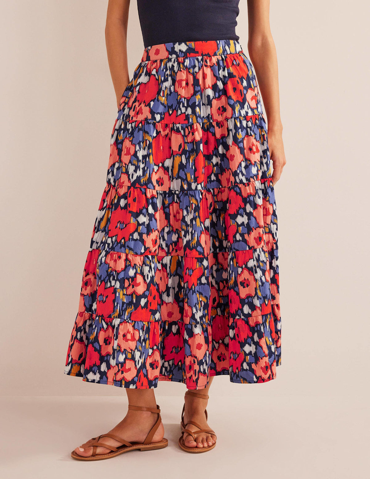 Tiered Poplin Midi Skirt-Navy, Abstract Poppy Large - Image 4