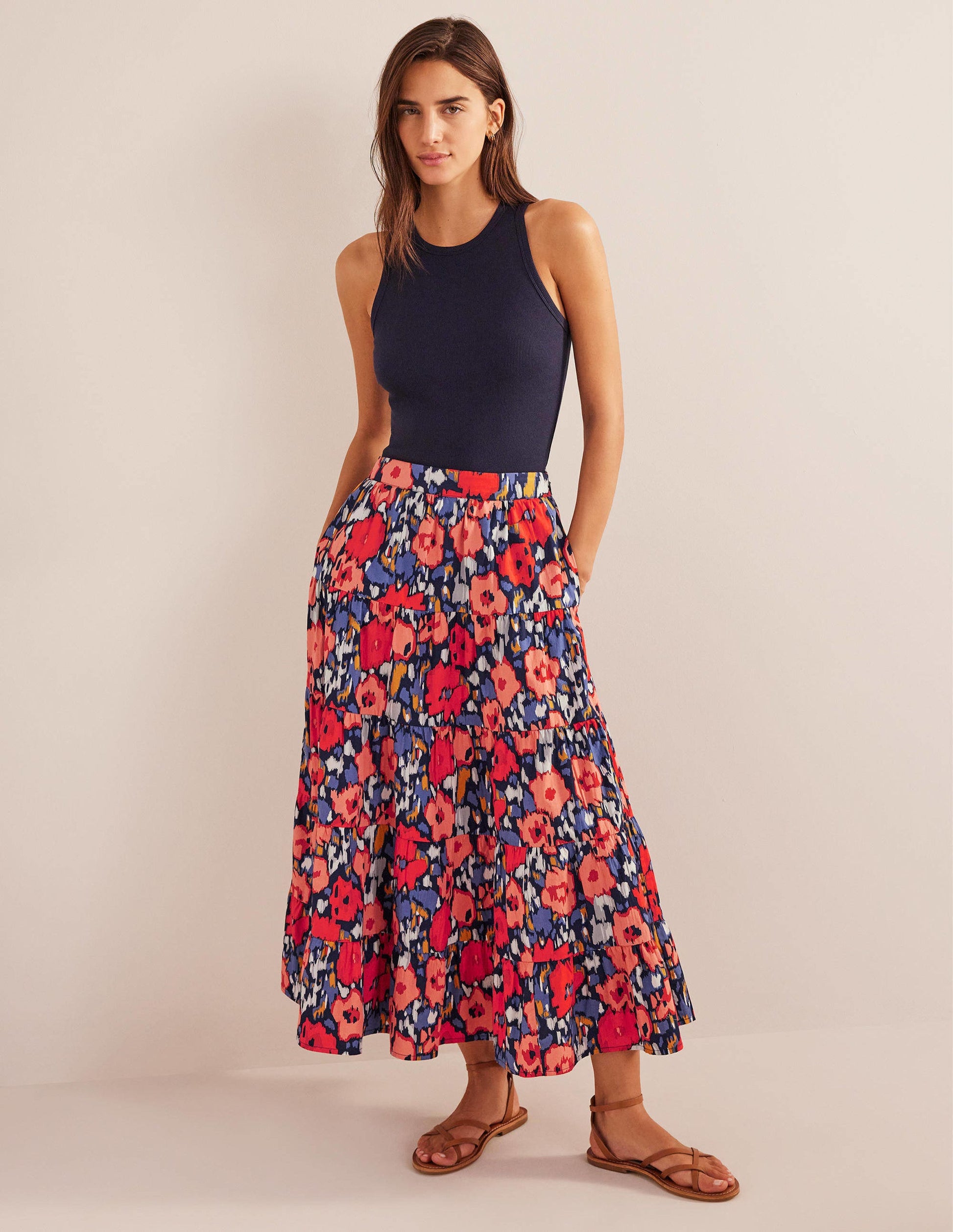 Tiered Poplin Midi Skirt-Navy, Abstract Poppy Large-5