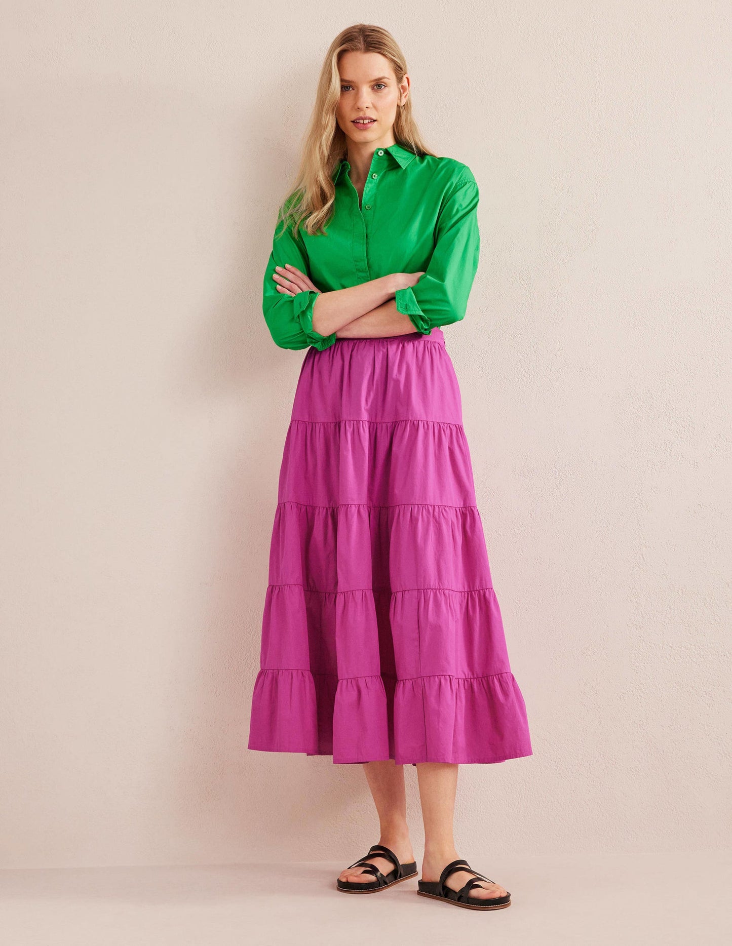 Tiered Poplin Midi Skirt-Rose Violet