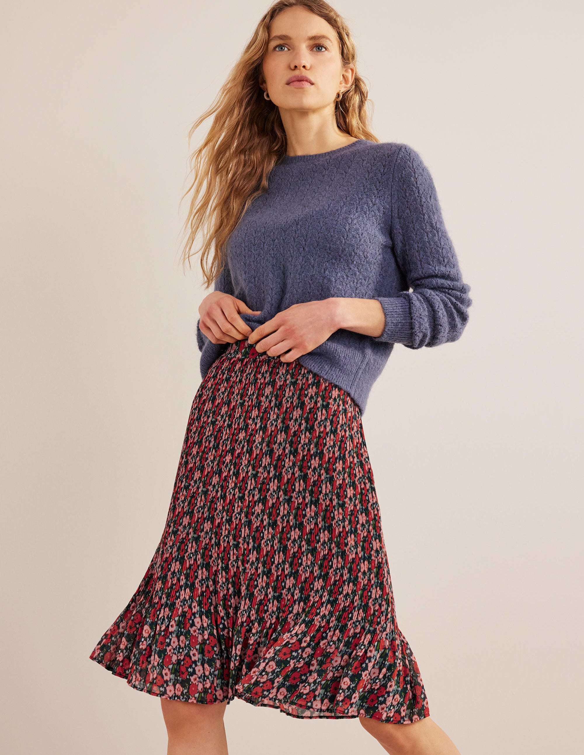 Knee Length Plisse Skirt-Multi, Abstract Poppy Small - Image 1