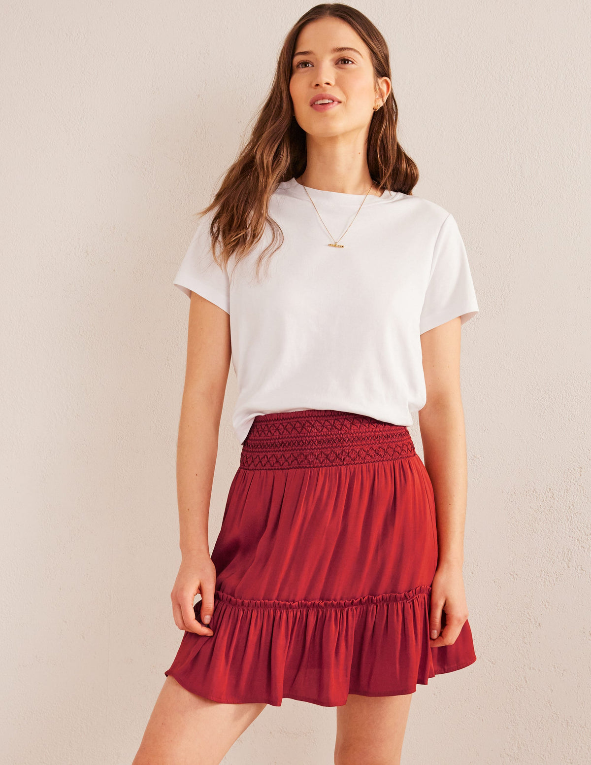Shirred Waist Mini Skirt-Tomato-1