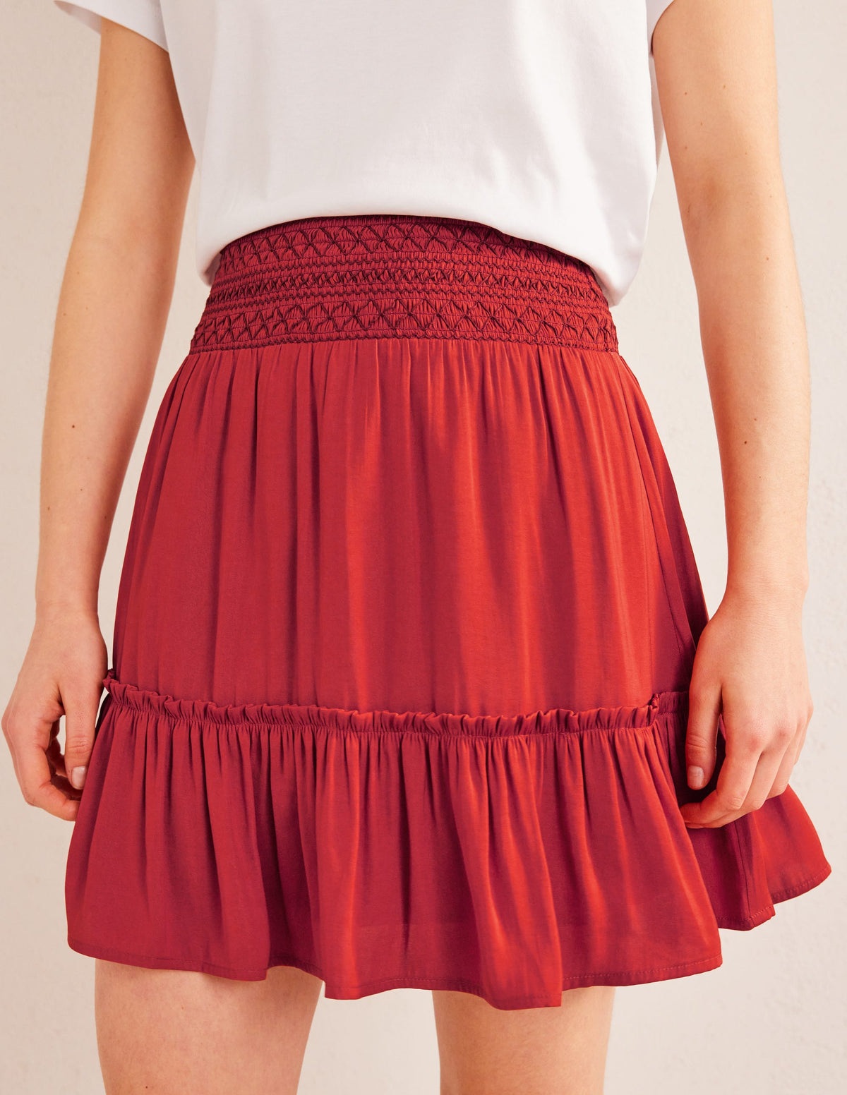 Shirred Waist Mini Skirt-Tomato - Image 4