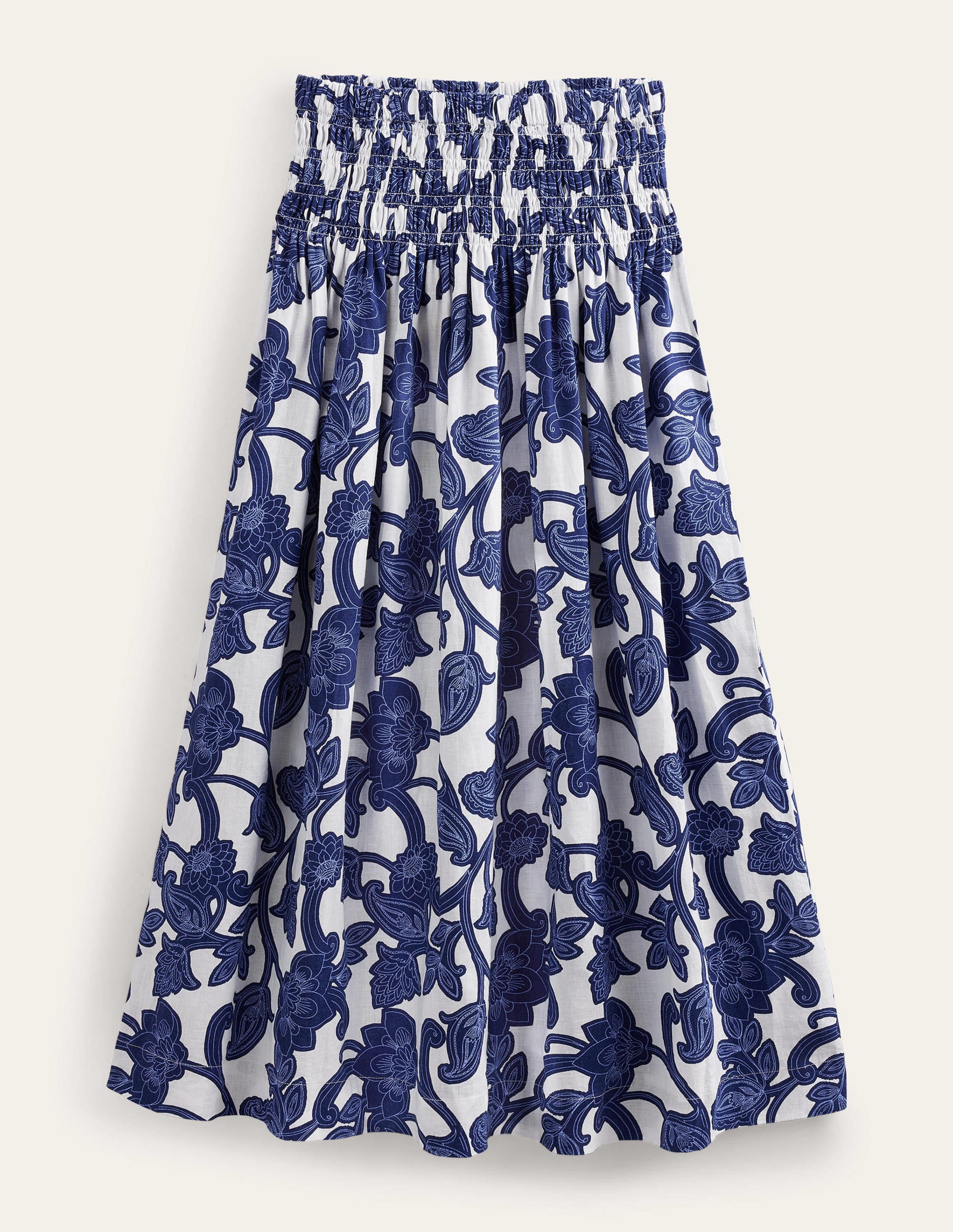 Shirred Waist Linen Midi Skirt-Blue Ribbon, Paisley Whirl - Image 8