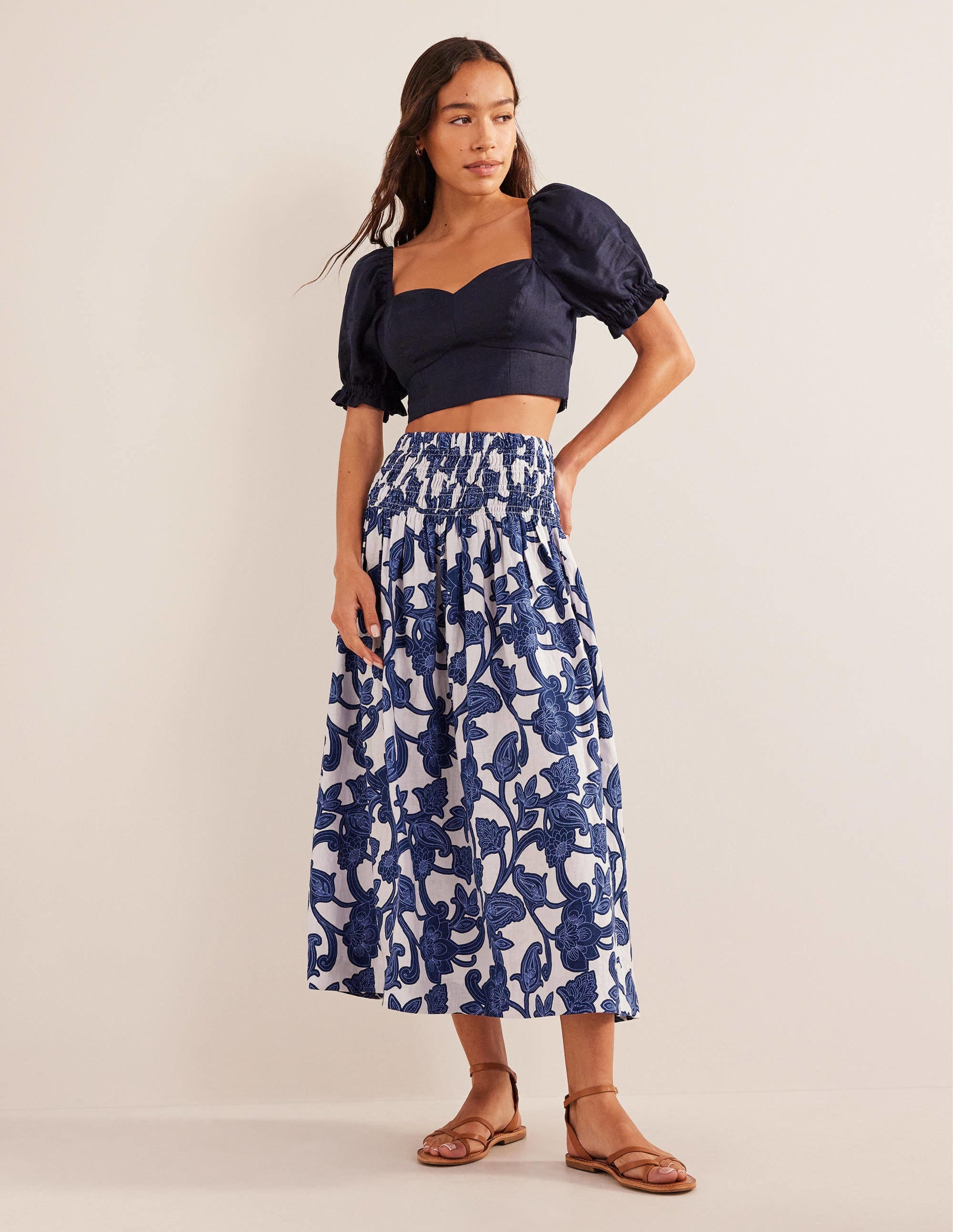 Shirred Waist Linen Midi Skirt-Blue Ribbon, Paisley Whirl - Image 1