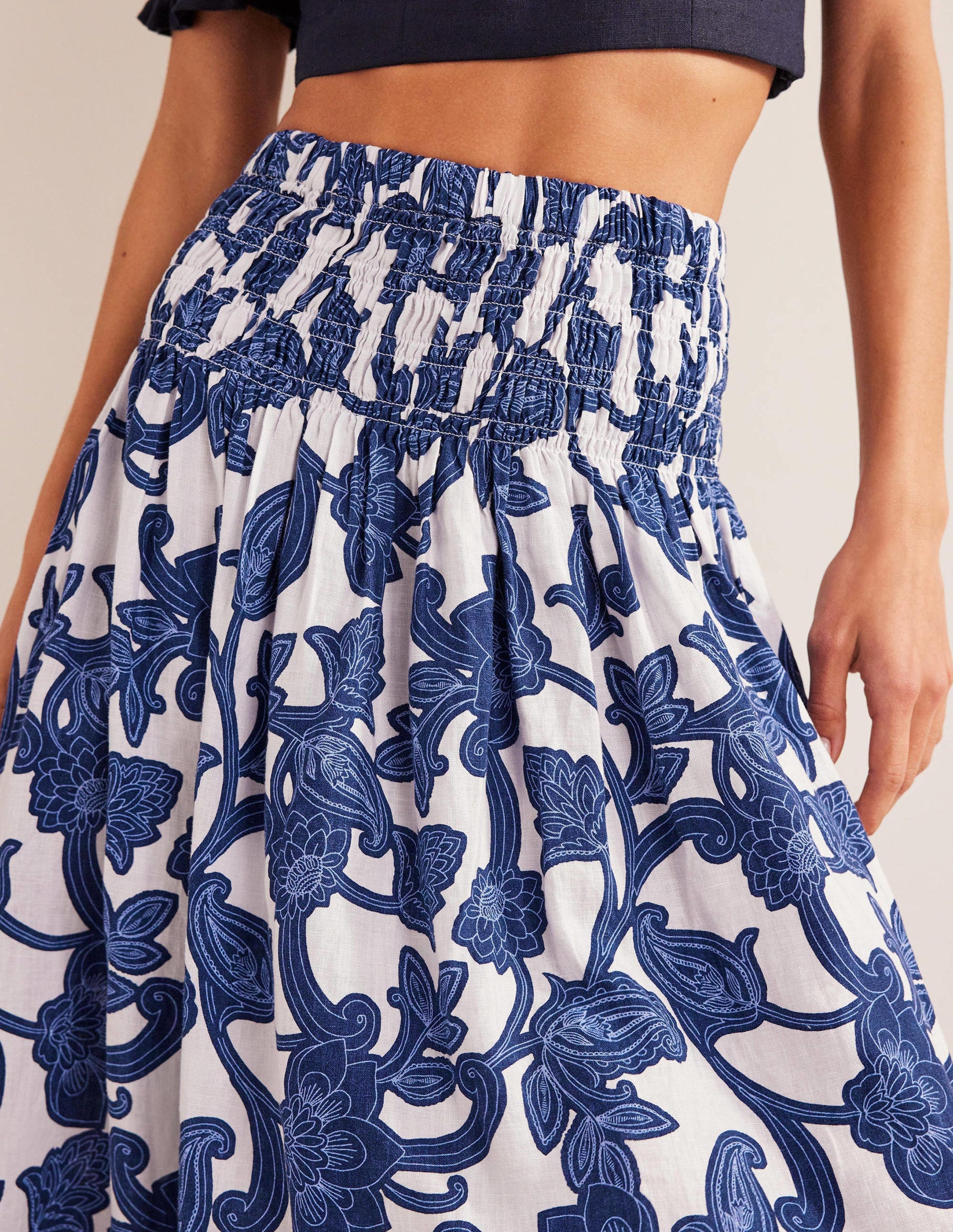 Shirred Waist Linen Midi Skirt-Blue Ribbon, Paisley Whirl-2