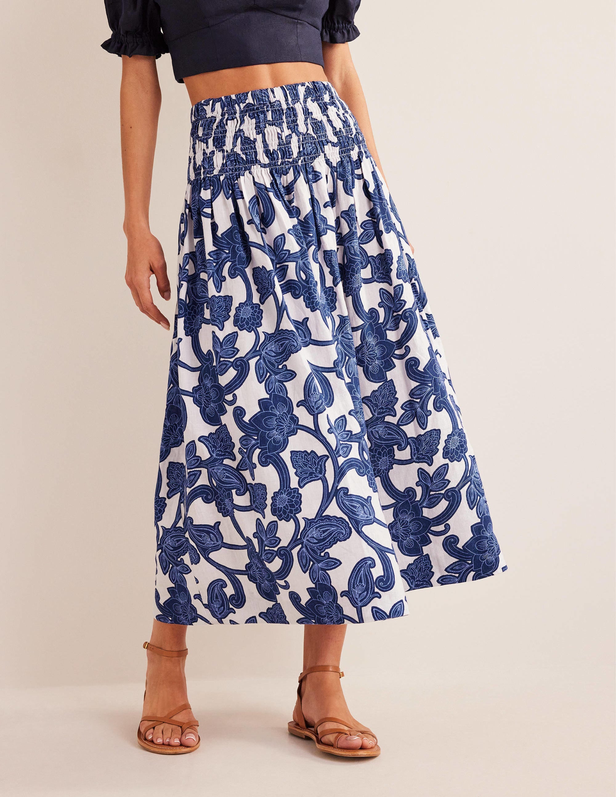 Shirred Waist Linen Midi Skirt-Blue Ribbon, Paisley Whirl - Image 4