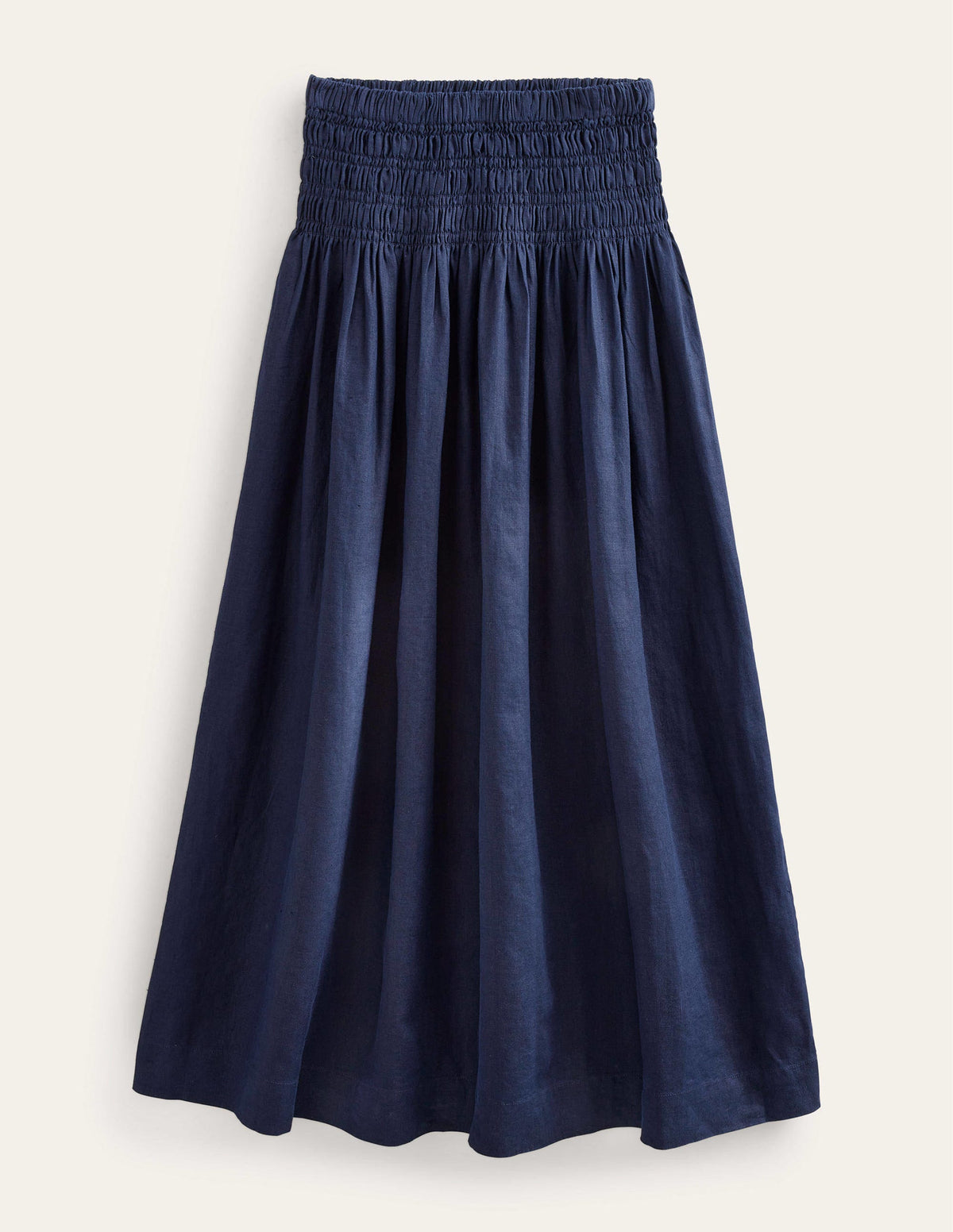 Shirred Waist Linen Midi Skirt-Navy - Image 5