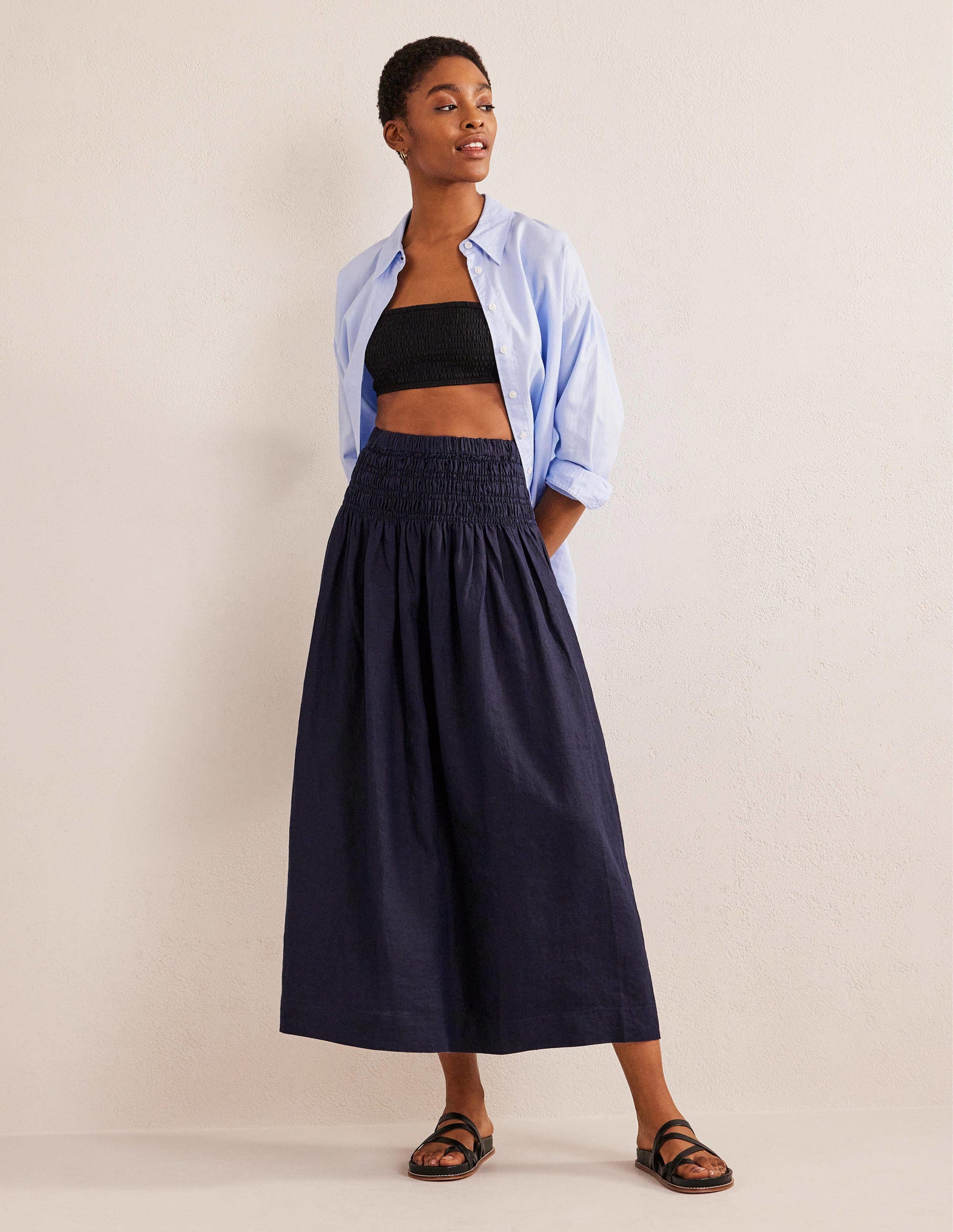 Shirred Waist Linen Midi Skirt-Navy-1