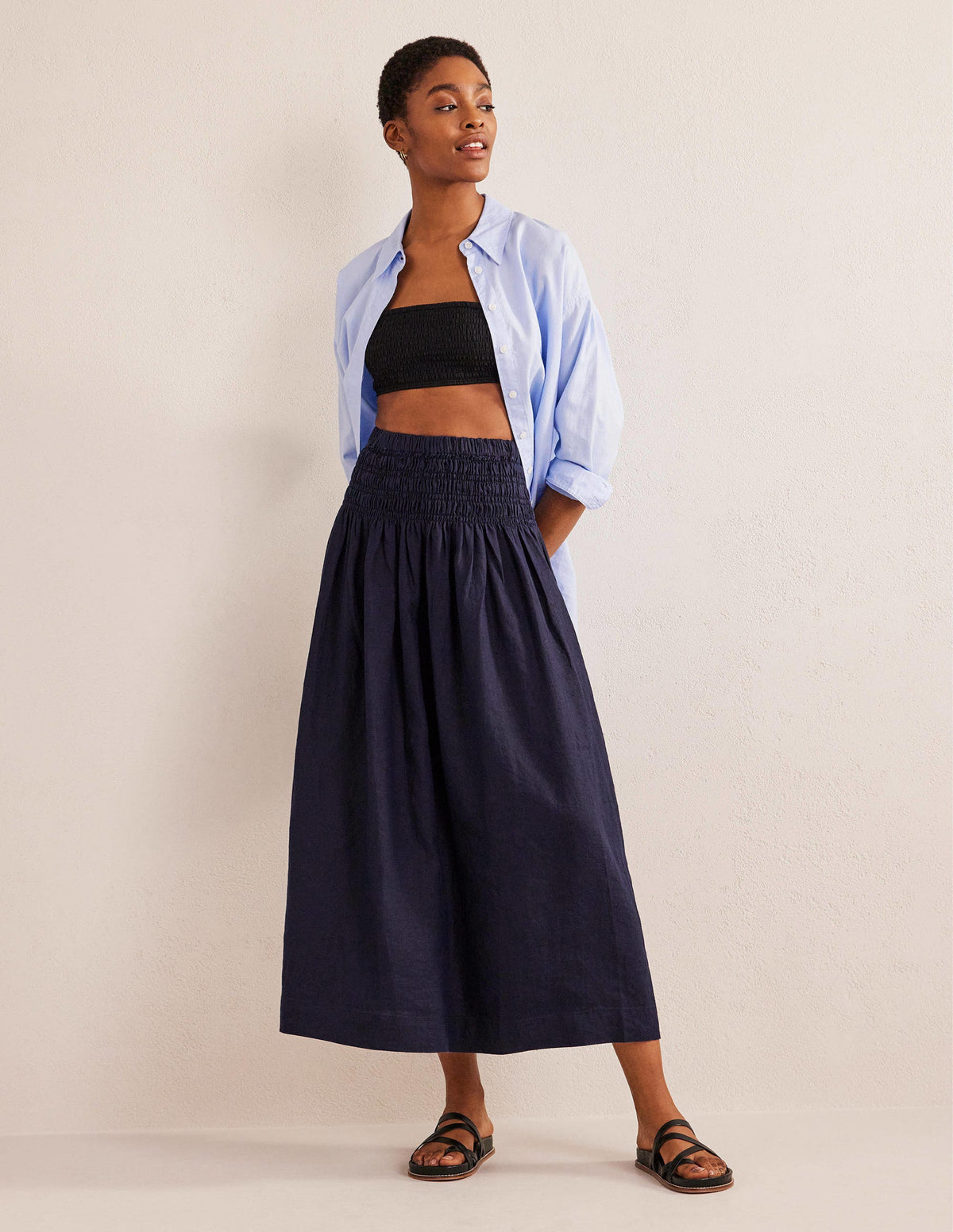 Shirred Waist Linen Midi Skirt-Navy - Image 1