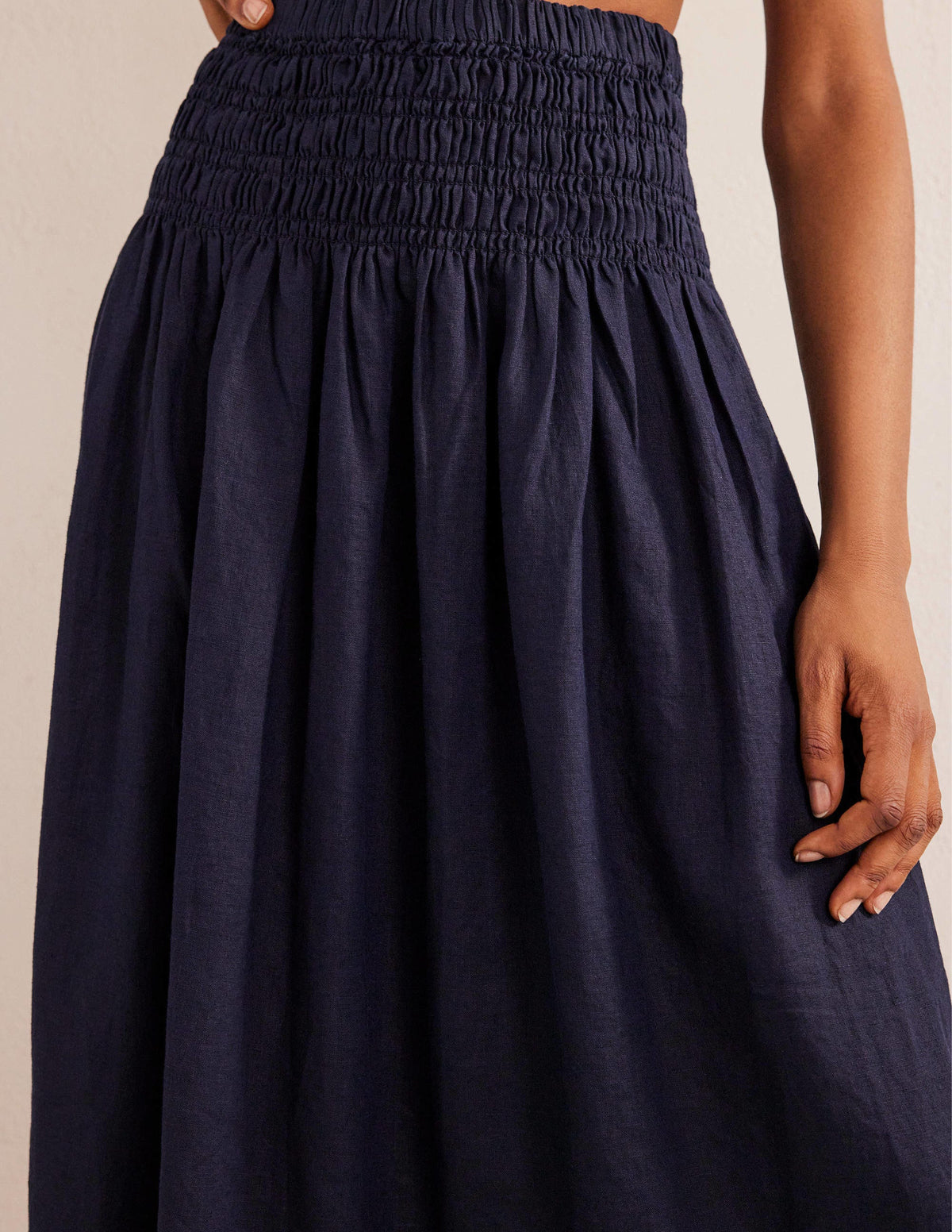 Shirred Waist Linen Midi Skirt-Navy-2
