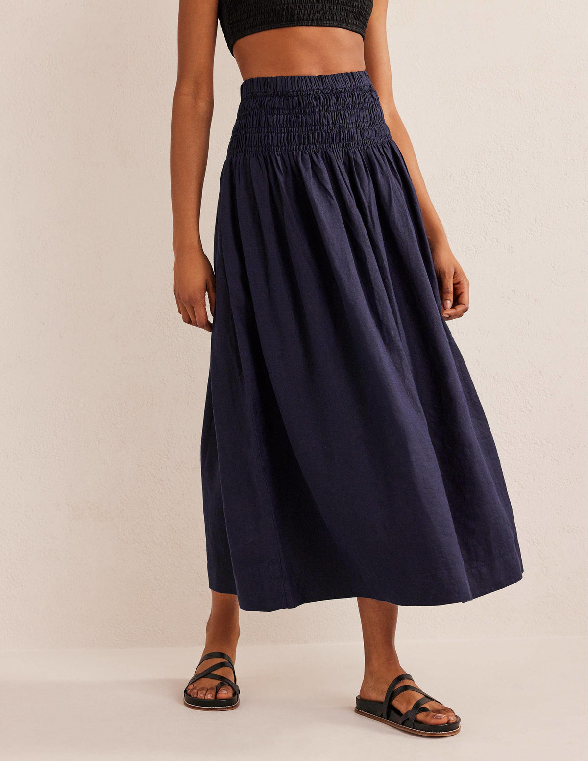 Shirred Waist Linen Midi Skirt-Navy - Image 3