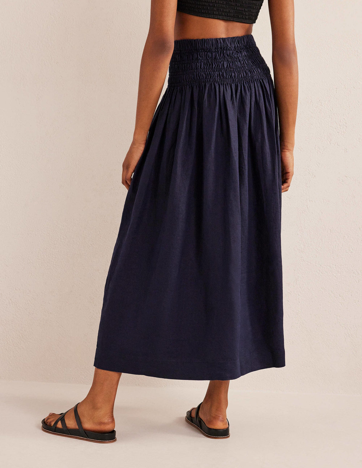 Shirred Waist Linen Midi Skirt-Navy-4
