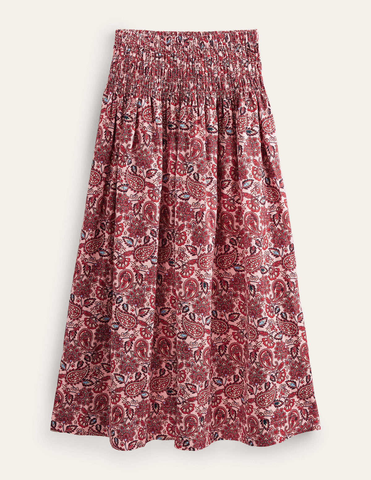 Shirred Waist Linen Midi Skirt-Chalky Pink, Paisley Terrace-5
