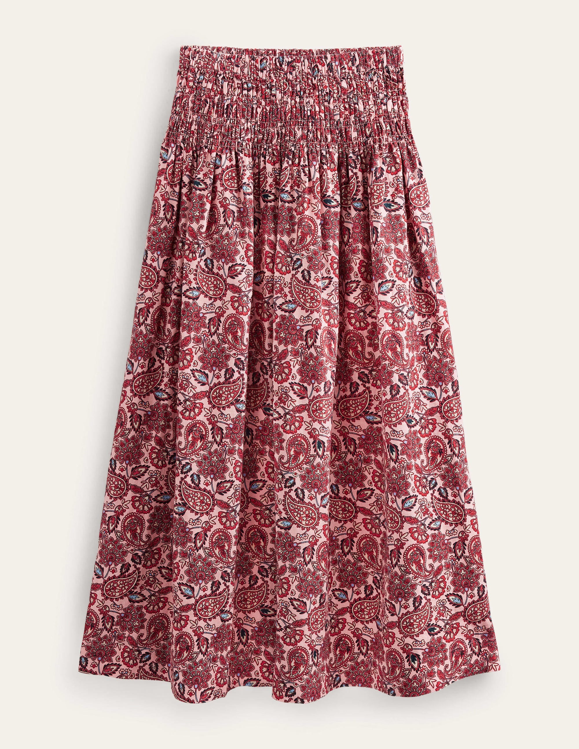 Shirred Waist Linen Midi Skirt-Chalky Pink, Paisley Terrace - Image 5