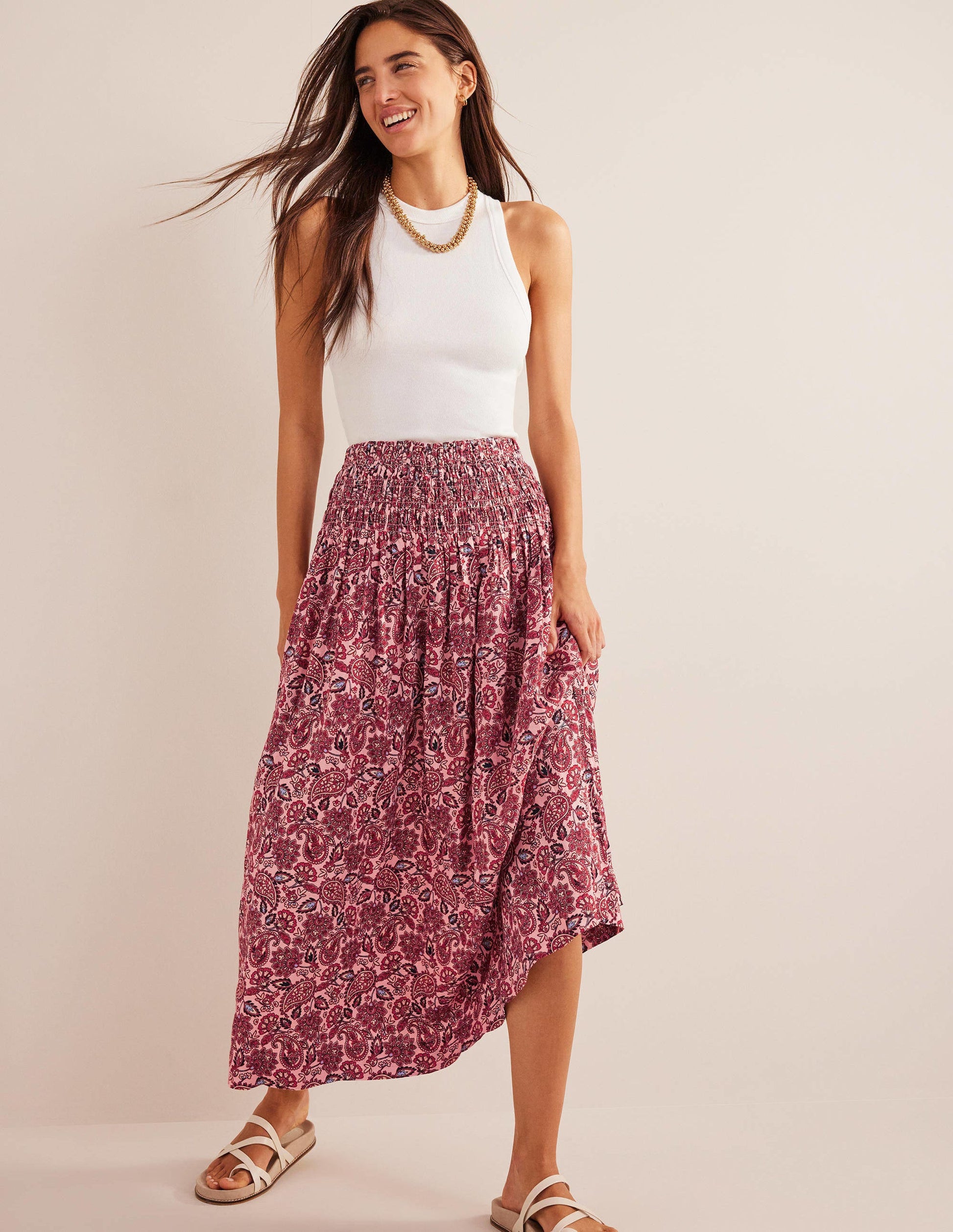 Shirred Waist Linen Midi Skirt-Chalky Pink, Paisley Terrace-1