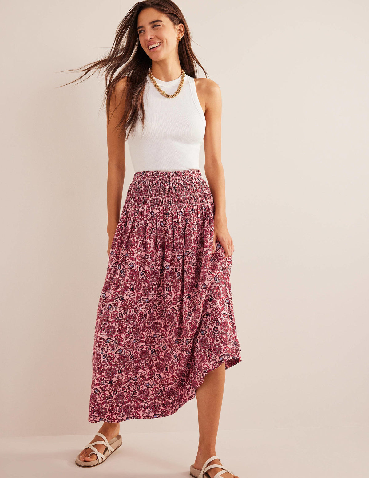 Shirred Waist Linen Midi Skirt-Chalky Pink, Paisley Terrace - Image 1