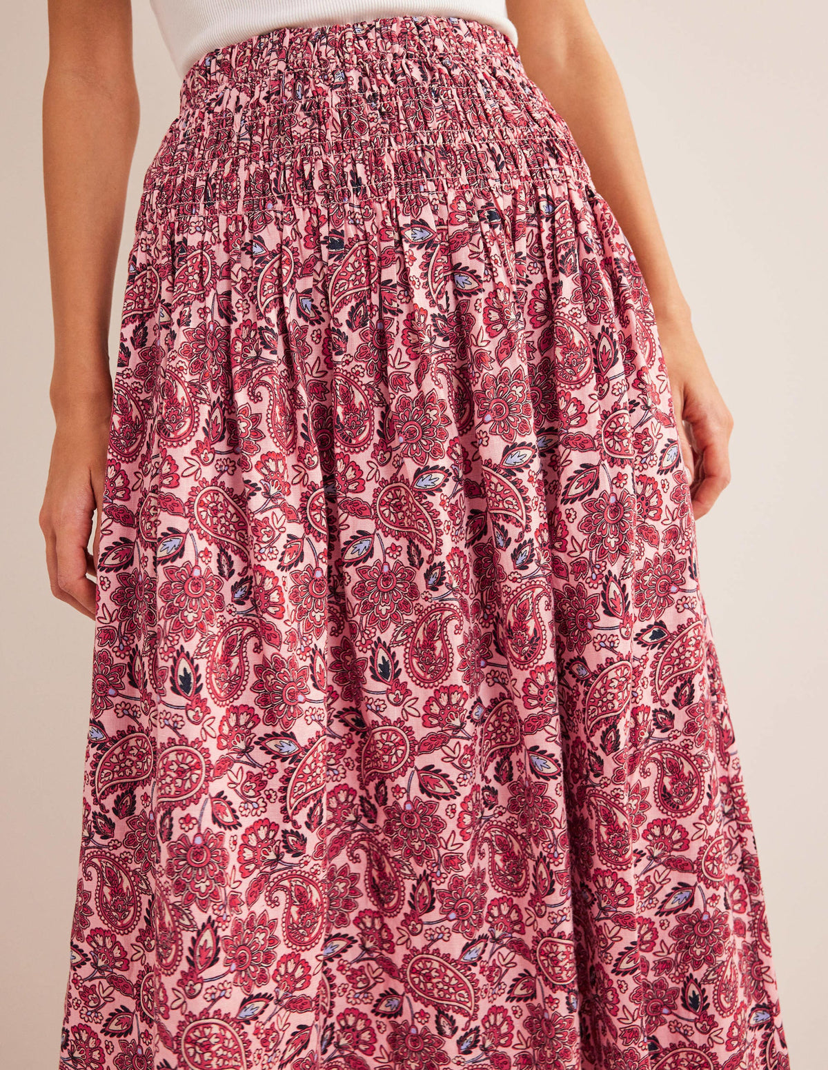Shirred Waist Linen Midi Skirt-Chalky Pink, Paisley Terrace-2