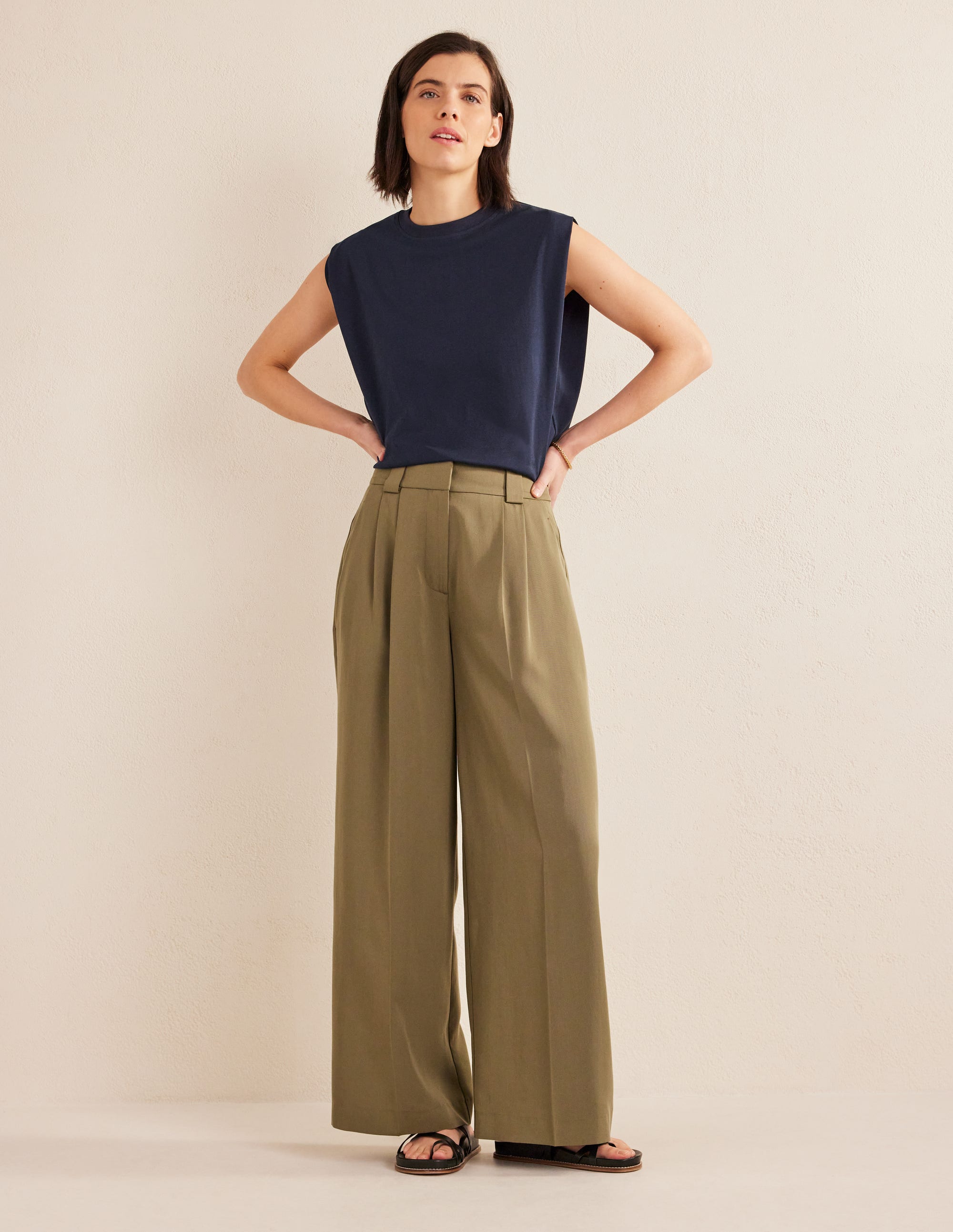 Islington Wide Leg Trousers-Washed Khaki - Image 1