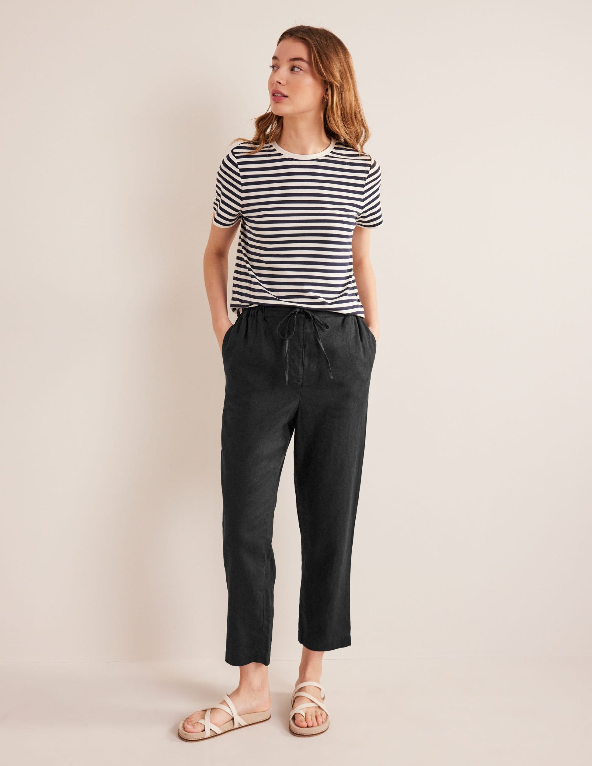 Relaxed Linen Pull On Trousers-Black-1