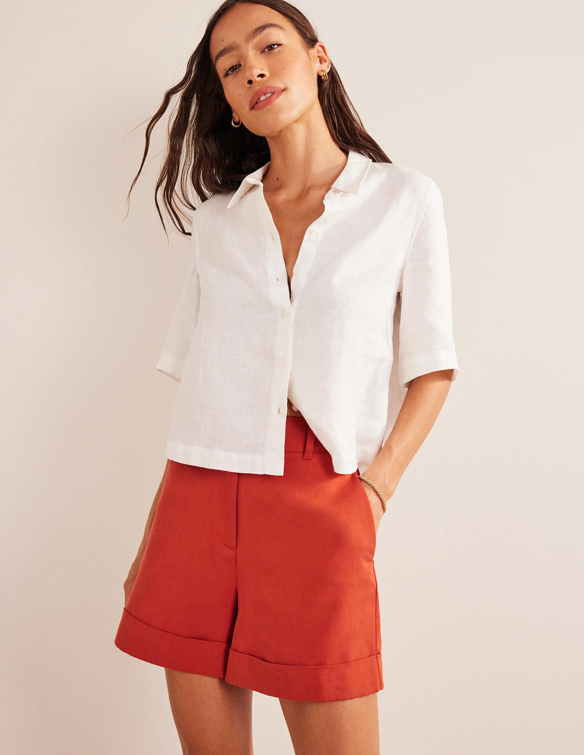 Relaxed Turn Up Shorts-Tomato - Image 1