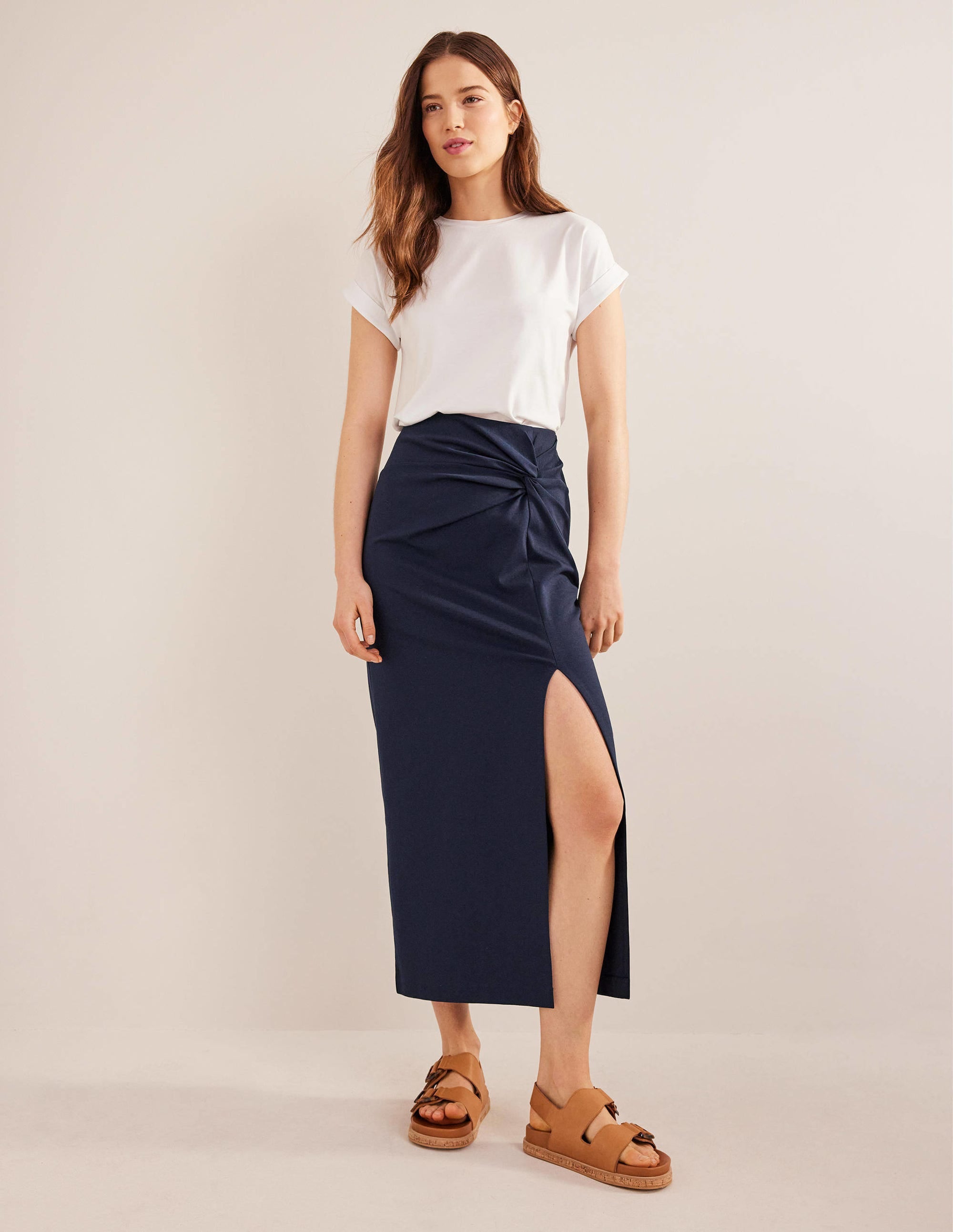 Knot Detail Jersey Midi Skirt-Navy - Image 1