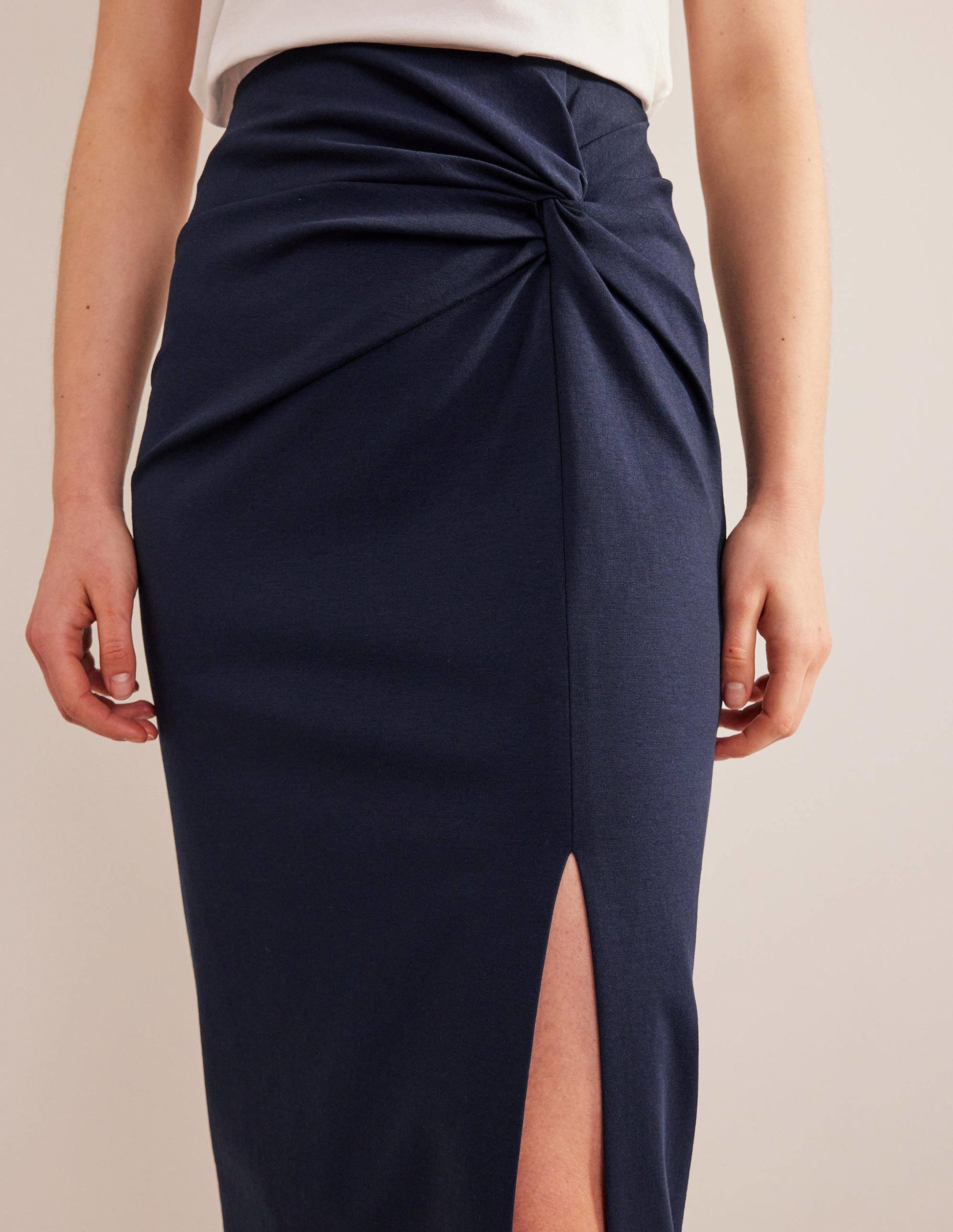 Knot Detail Jersey Midi Skirt-Navy-2