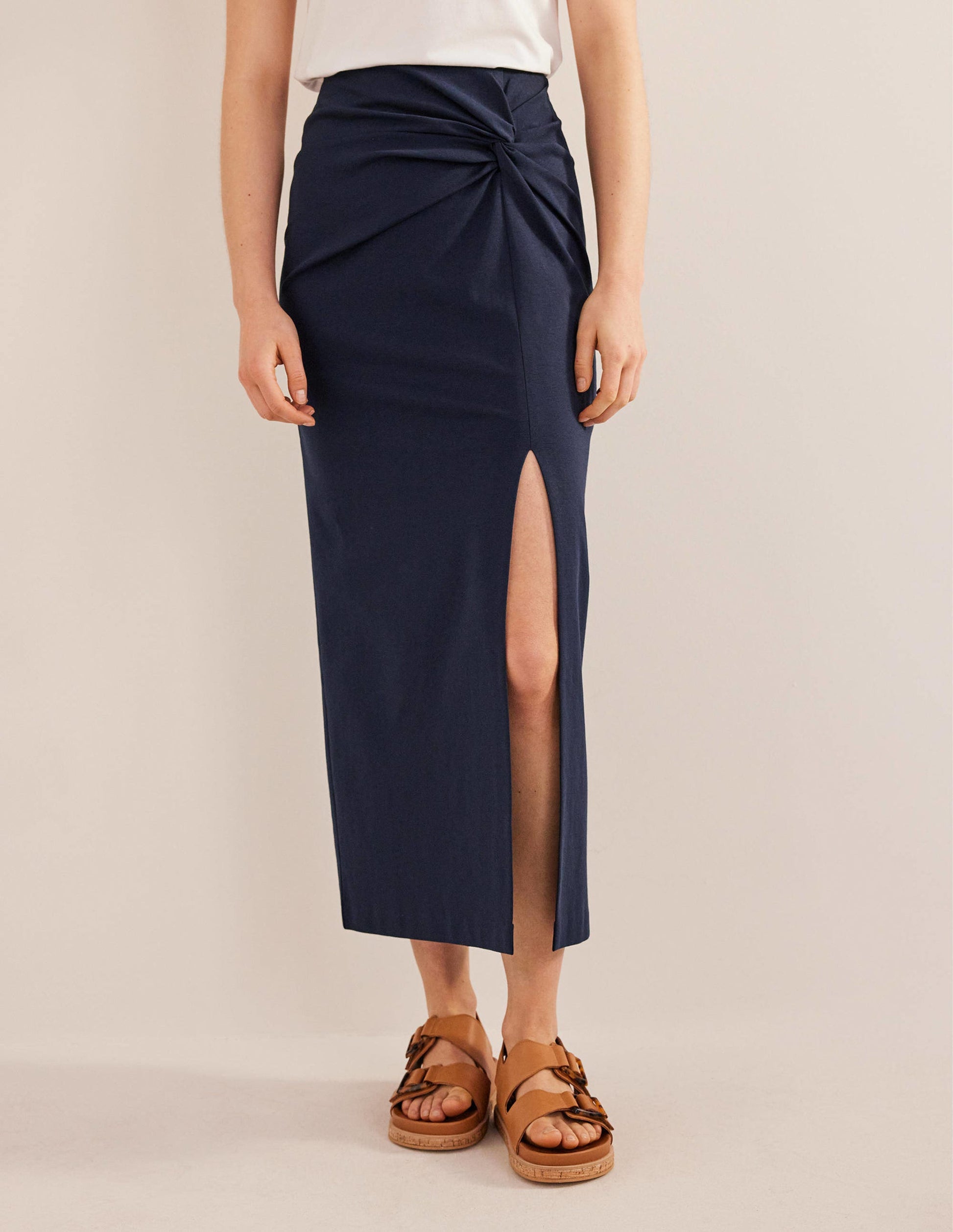 Knot Detail Jersey Midi Skirt-Navy-4