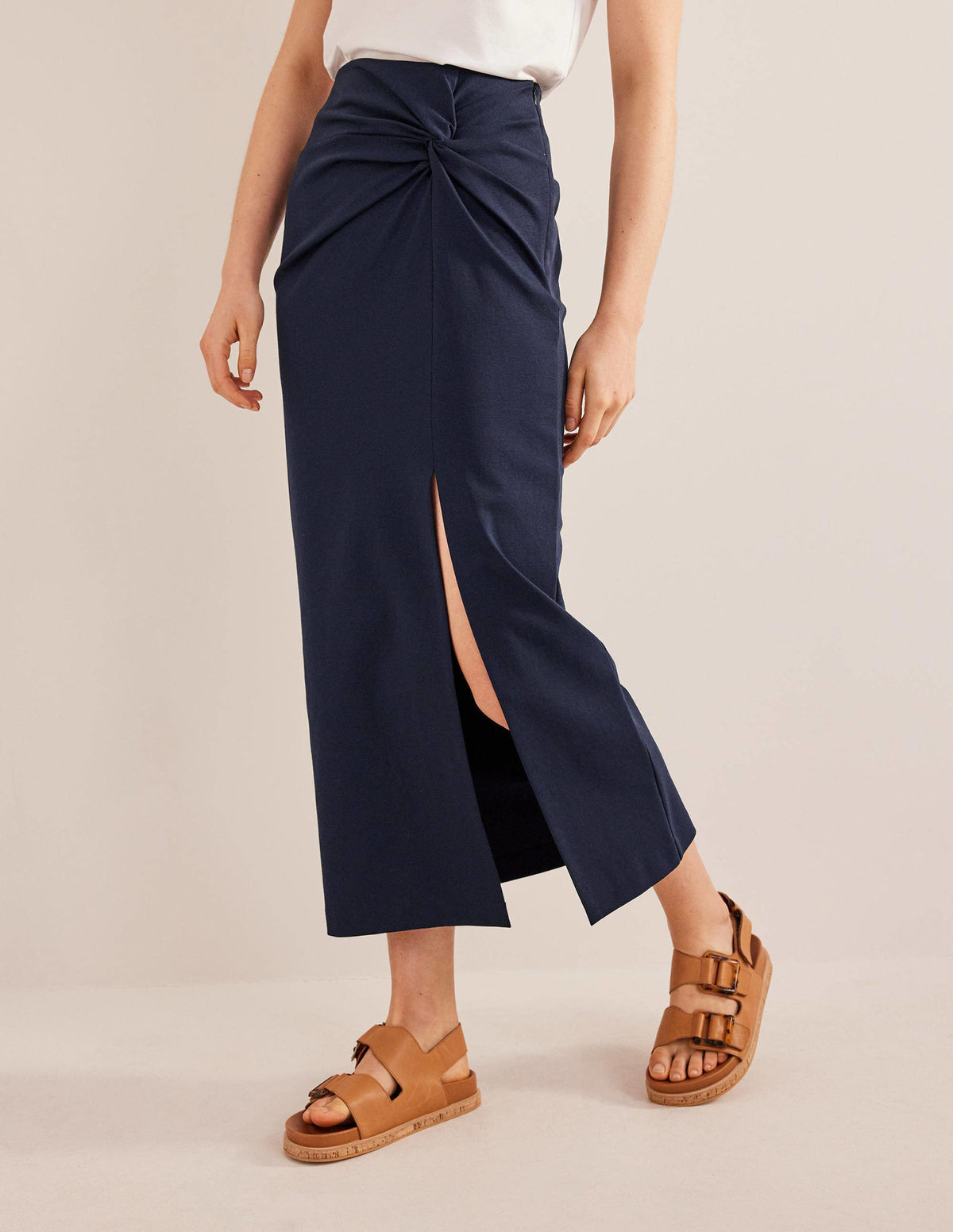 Knot Detail Jersey Midi Skirt-Navy-5