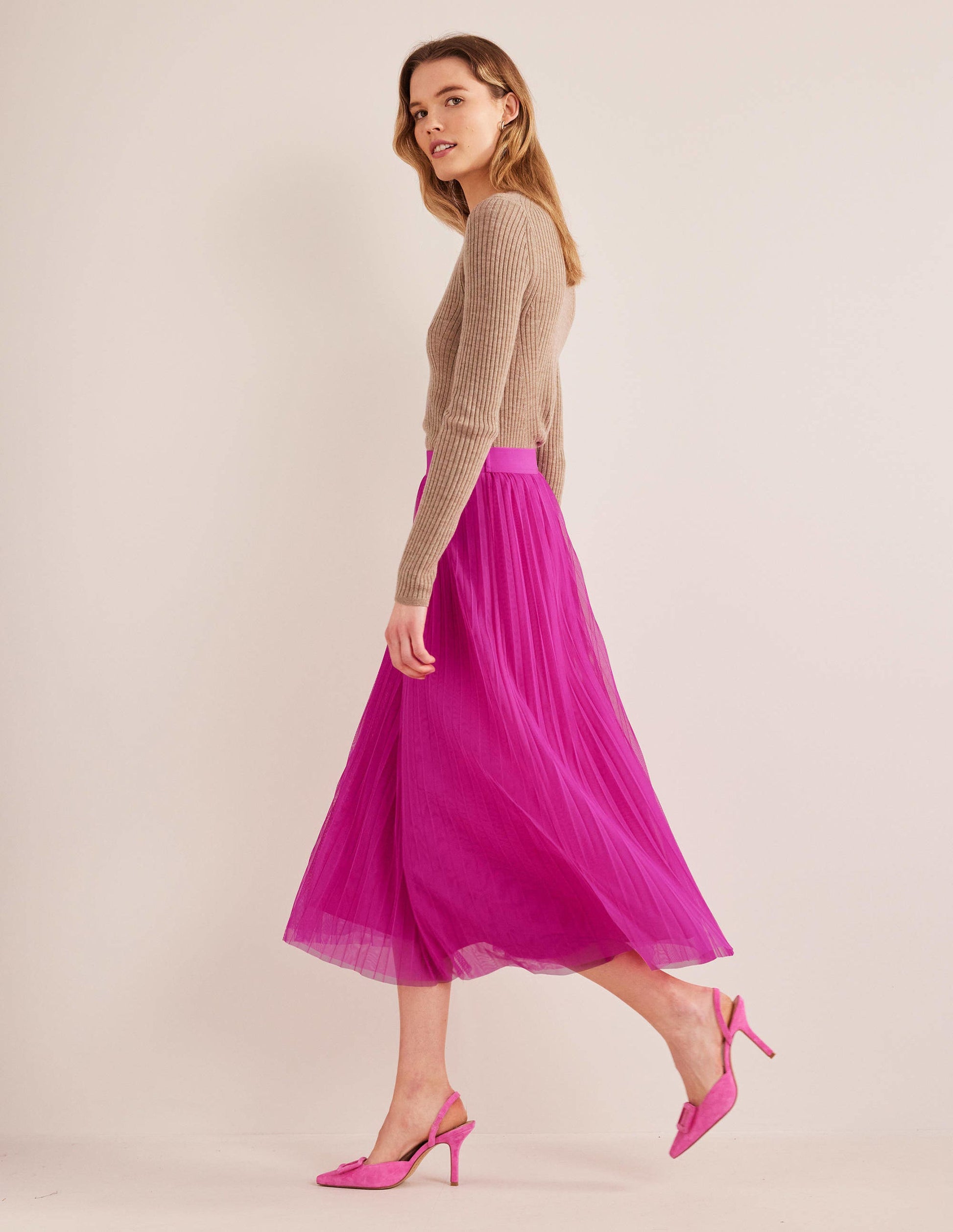 Pleated Tulle Skirt-Shocking Pink-4