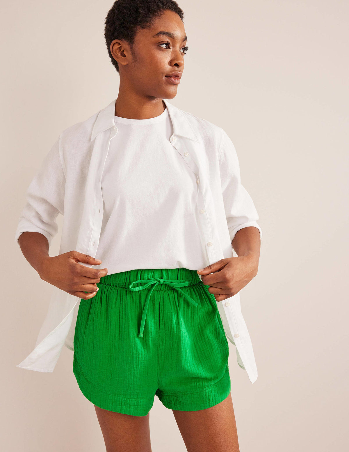 Tie Waist Cheesecloth Shorts-Bright Green - Image 1