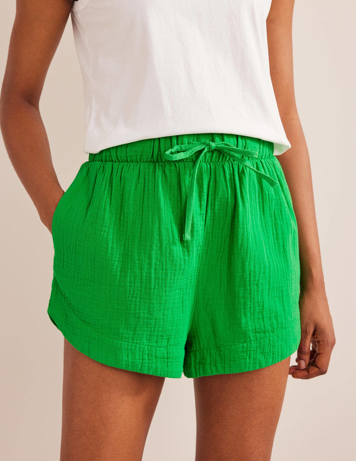 Tie Waist Cheesecloth Shorts-Bright Green-4