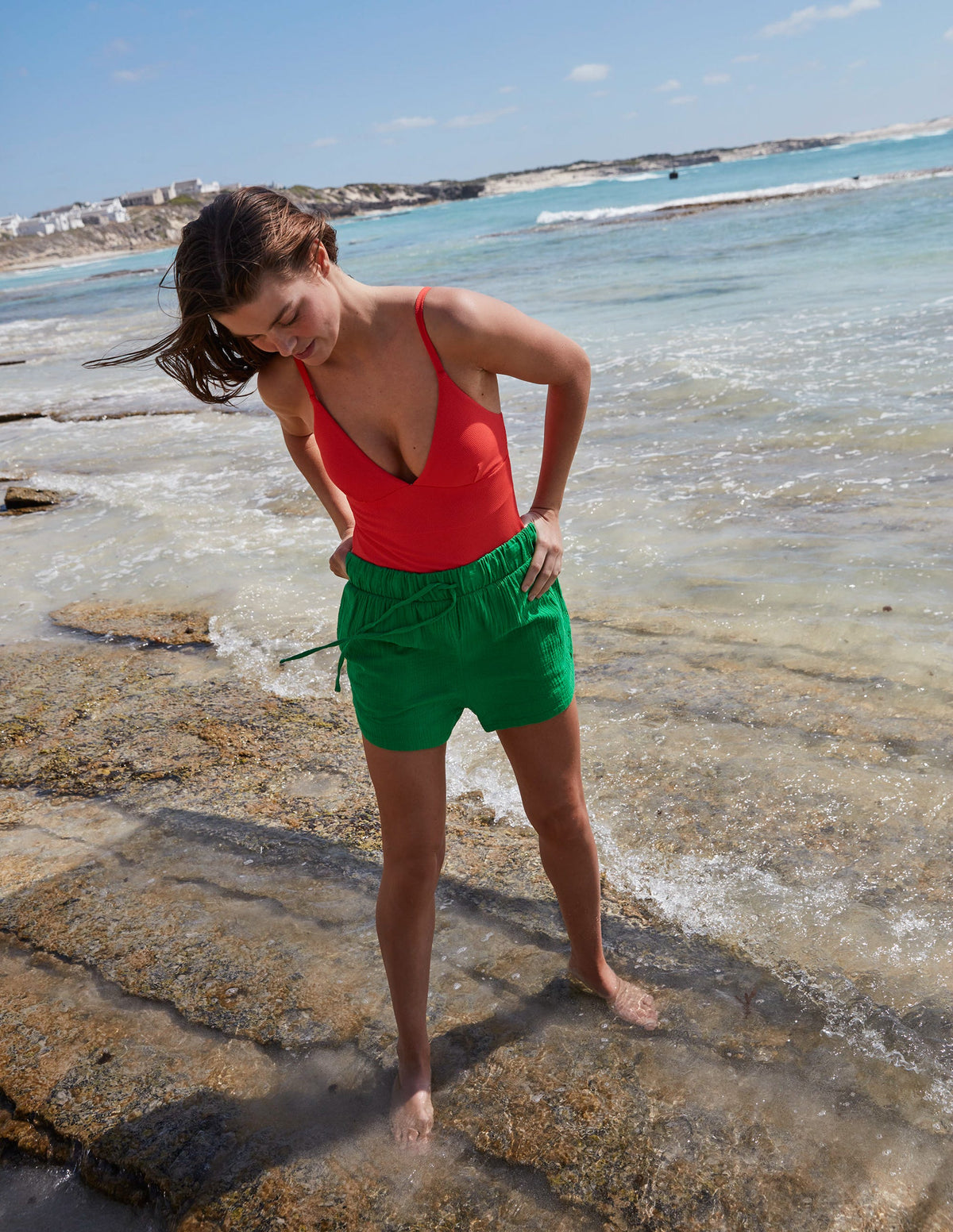Tie Waist Cheesecloth Shorts-Bright Green-5