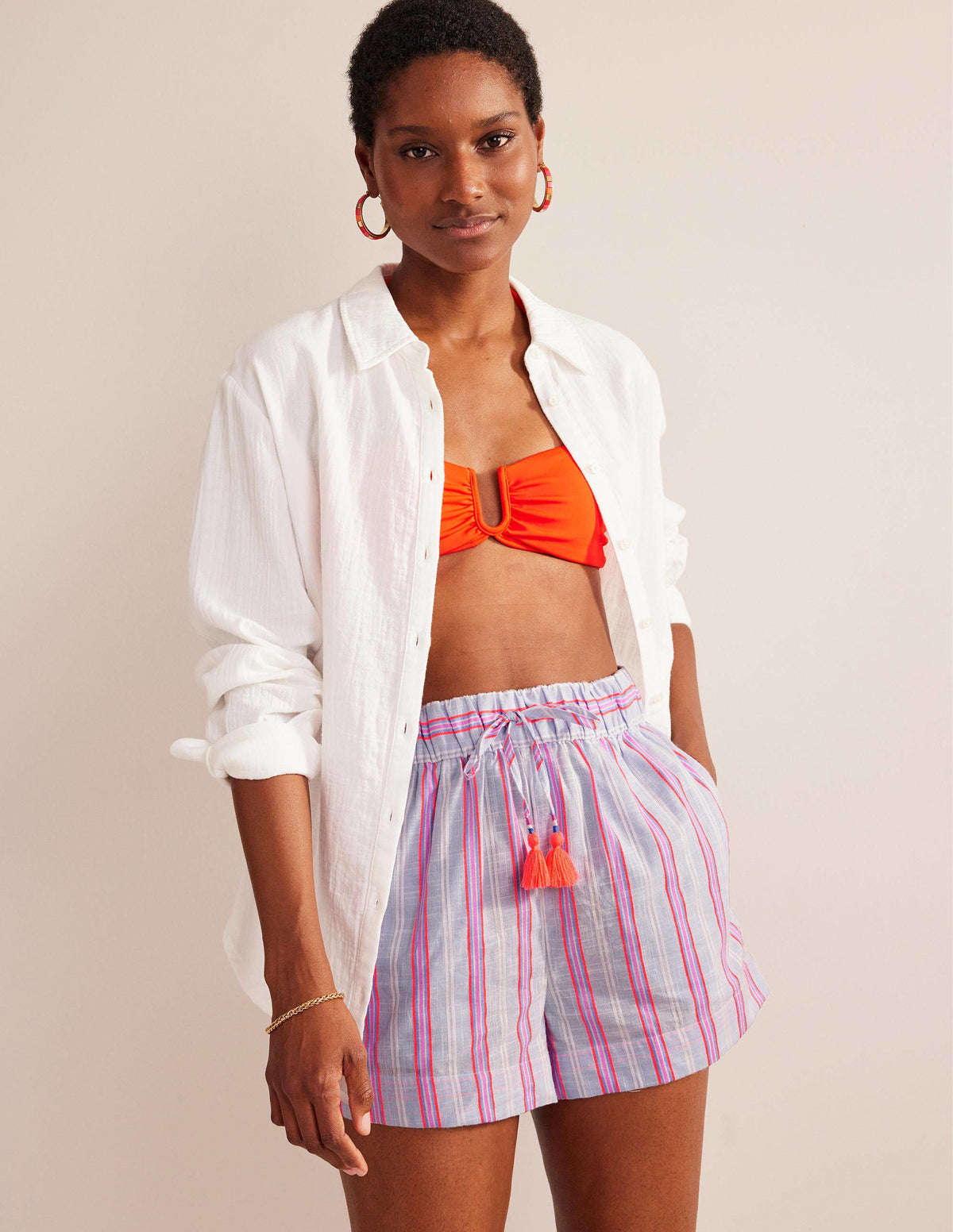 Tie Waist Striped Shorts-Blue and Watermelon Stripe-1