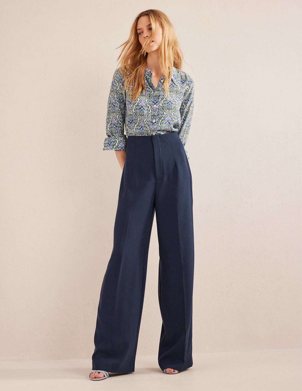 Wide Leg Crepe Trousers-Navy - Image 1