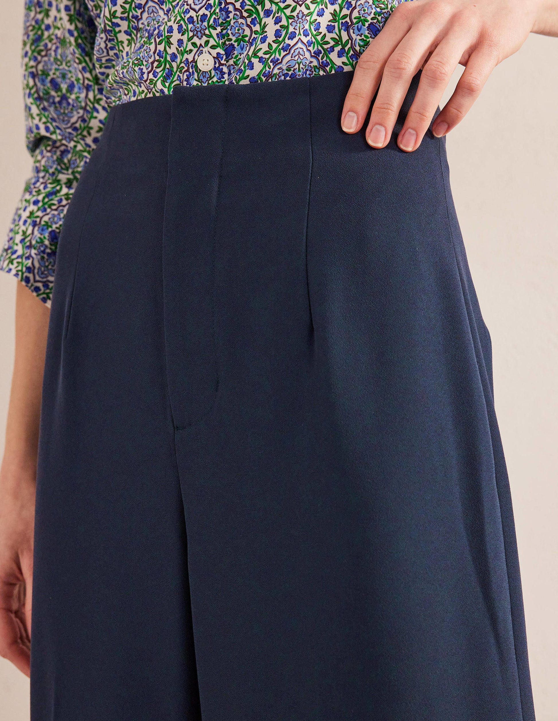 Wide Leg Crepe Trousers-Navy-2