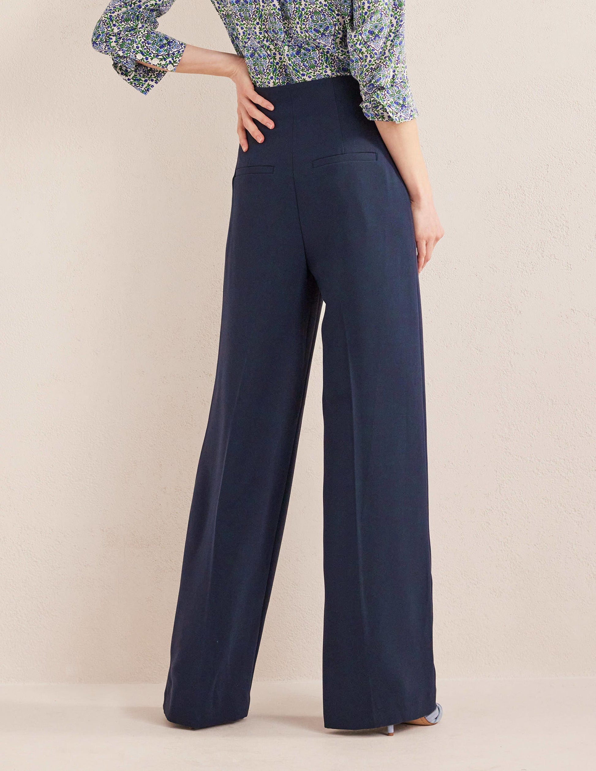 Wide Leg Crepe Trousers-Navy-3