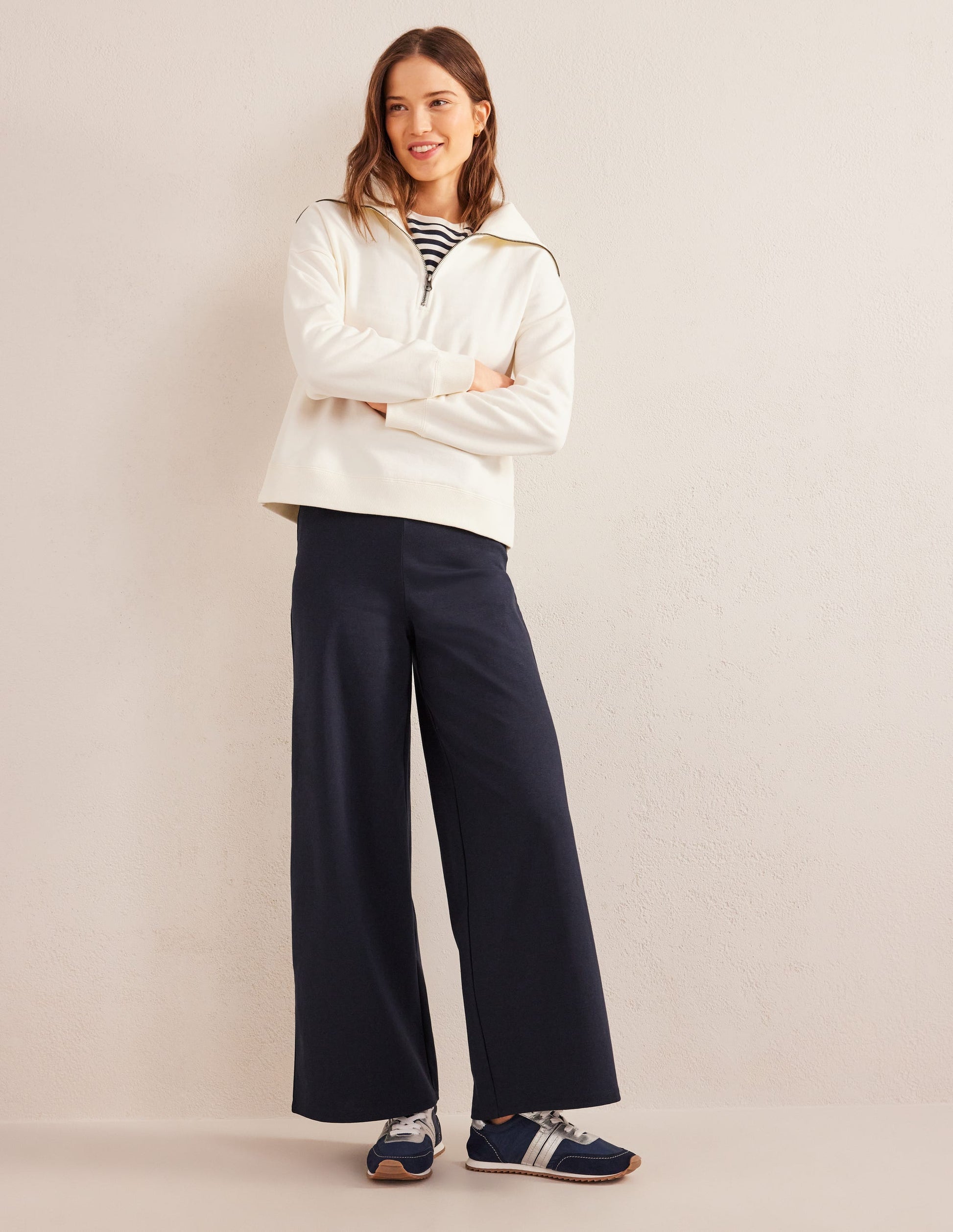 Wide Leg Jersey Trousers-Navy-1